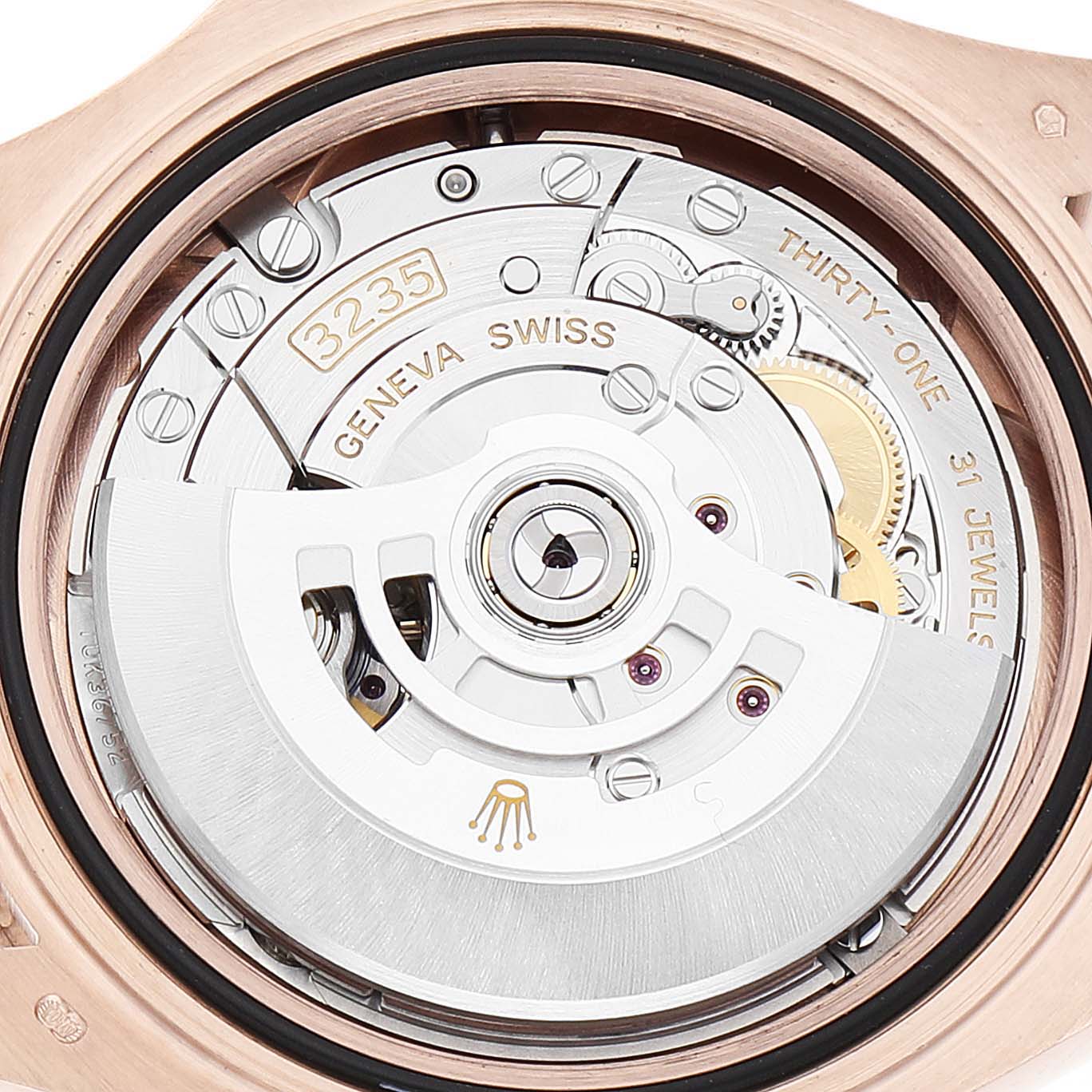 This image shows a close-up view of the movement mechanism inside a Rolex Yacht-Master 126655 Men's Rose Gold Black Dial 126655 Men's Rose Gold Black Dial watch.