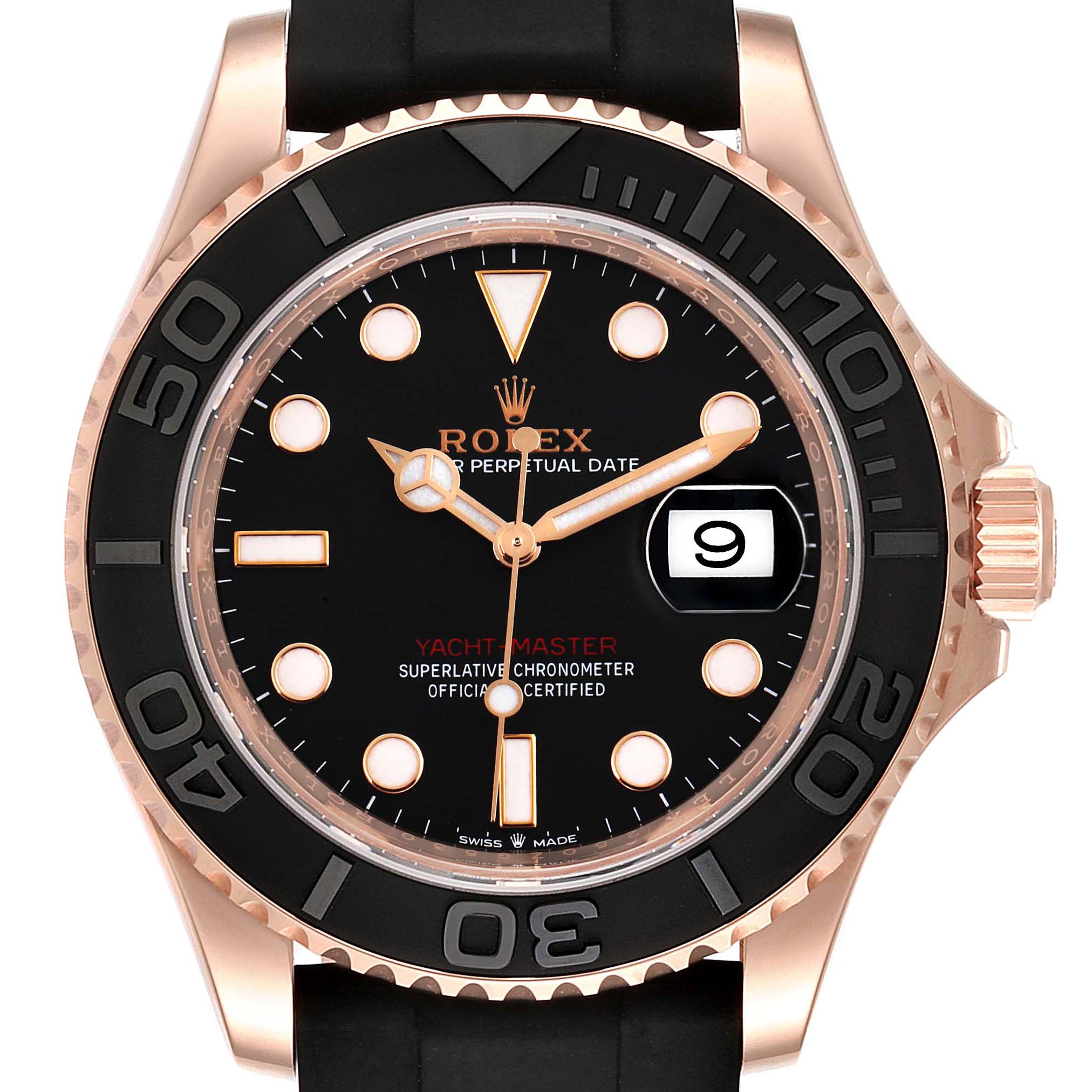 This image shows the front view of the Rolex Yacht-Master 126655 Men's Rose Gold Black Dial 126655 Men's Rose Gold Black Dial watch, highlighting the face, bezel, and crown.