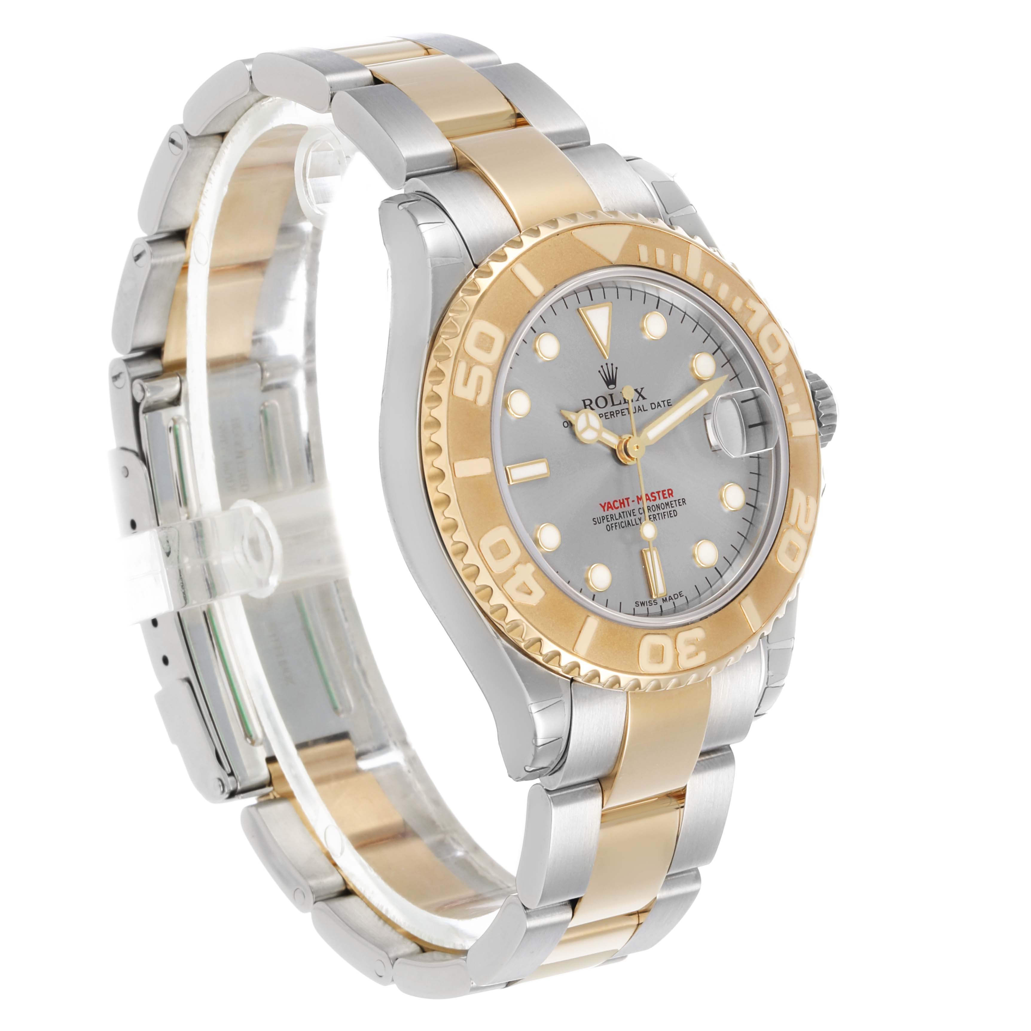 The Rolex Yacht-Master 168623 Men's Steel and Gold (two tone) Grey Dial watch is shown at a three-quarter angle, displaying the bracelet, bezel, and dial.