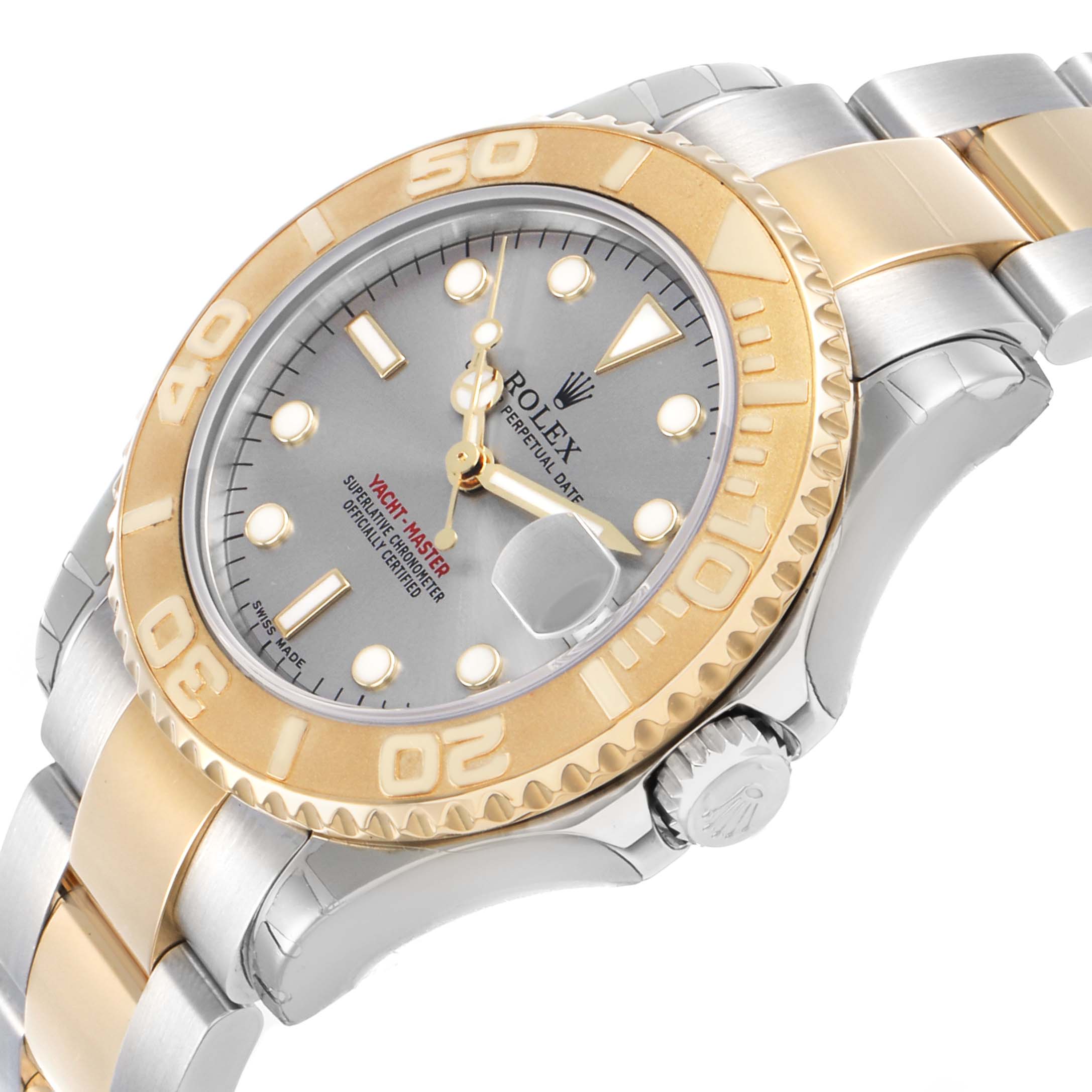 The Rolex Yacht-Master 168623 Men's Steel and Gold (two tone) Grey Dial watch is shown at an angled view, highlighting the dial, bezel, and part of the bracelet.