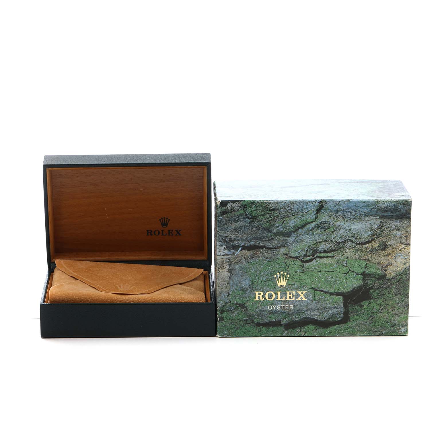 The image shows an open Rolex Yacht-Master 168623 Men's Steel and Gold (two tone) Grey Dial box with a green outer box and brown watch pouch inside.
