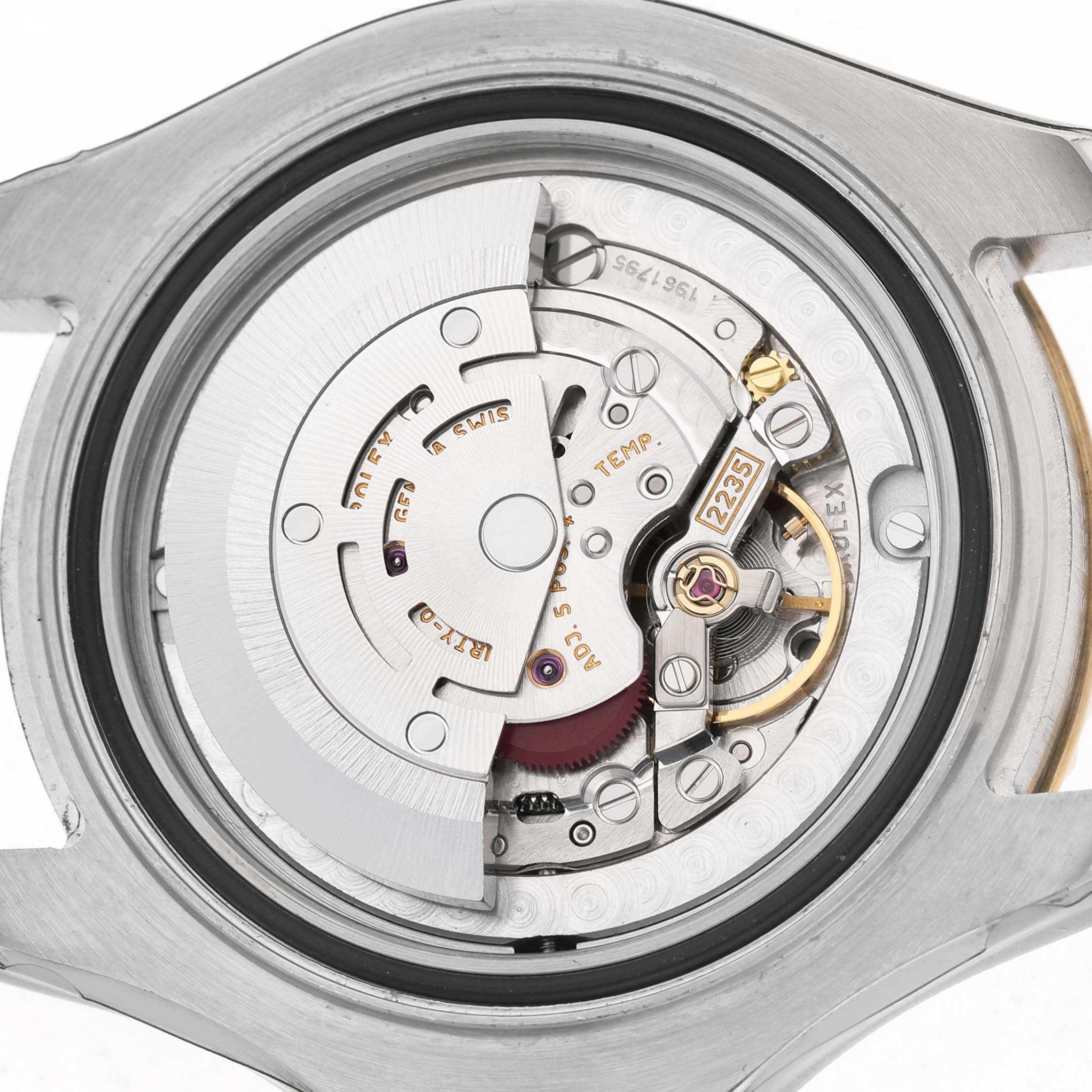 The image shows the Rolex Yacht-Master 168623 Men's Steel and Gold (two tone) Grey Dial's movement from the back, displaying the rotor and internal components.