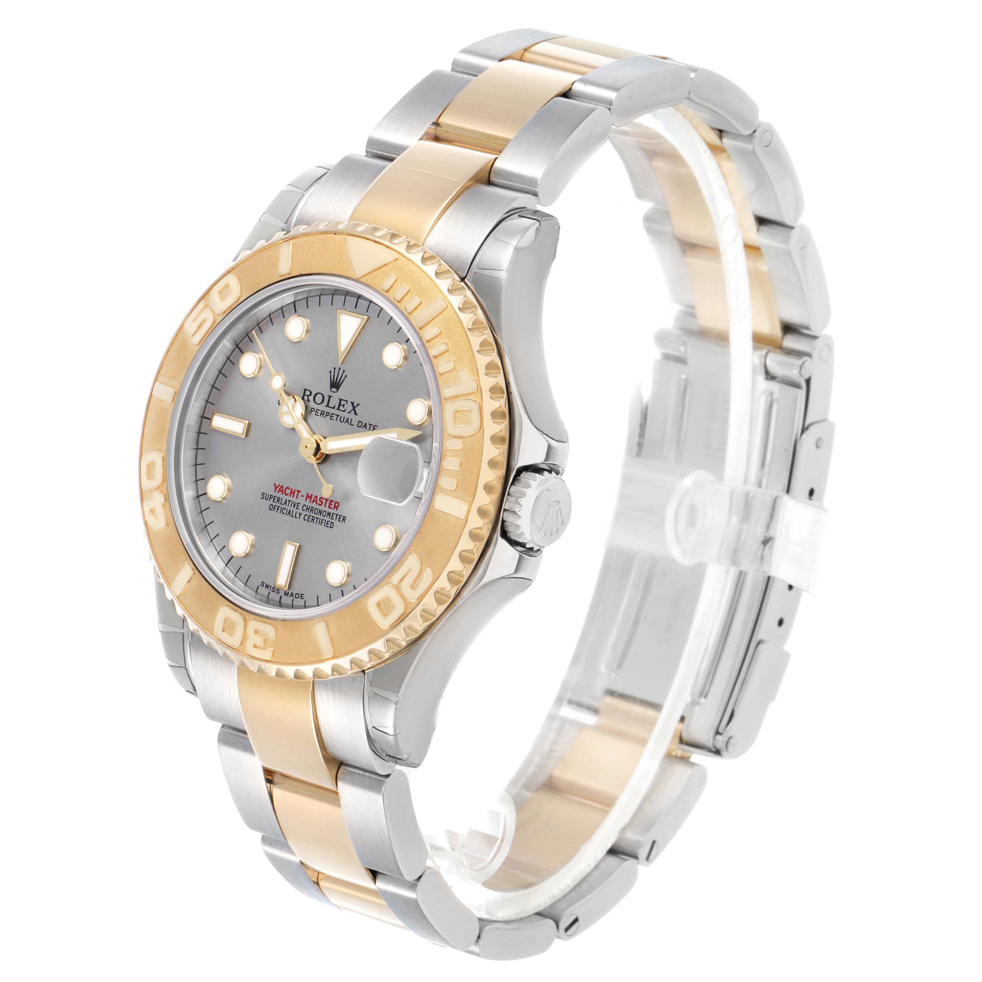 The Rolex Yacht-Master 168623 Men's Steel and Gold (two tone) Grey Dial is shown at a three-quarter angle, highlighting the dial, bezel, and two-tone bracelet.