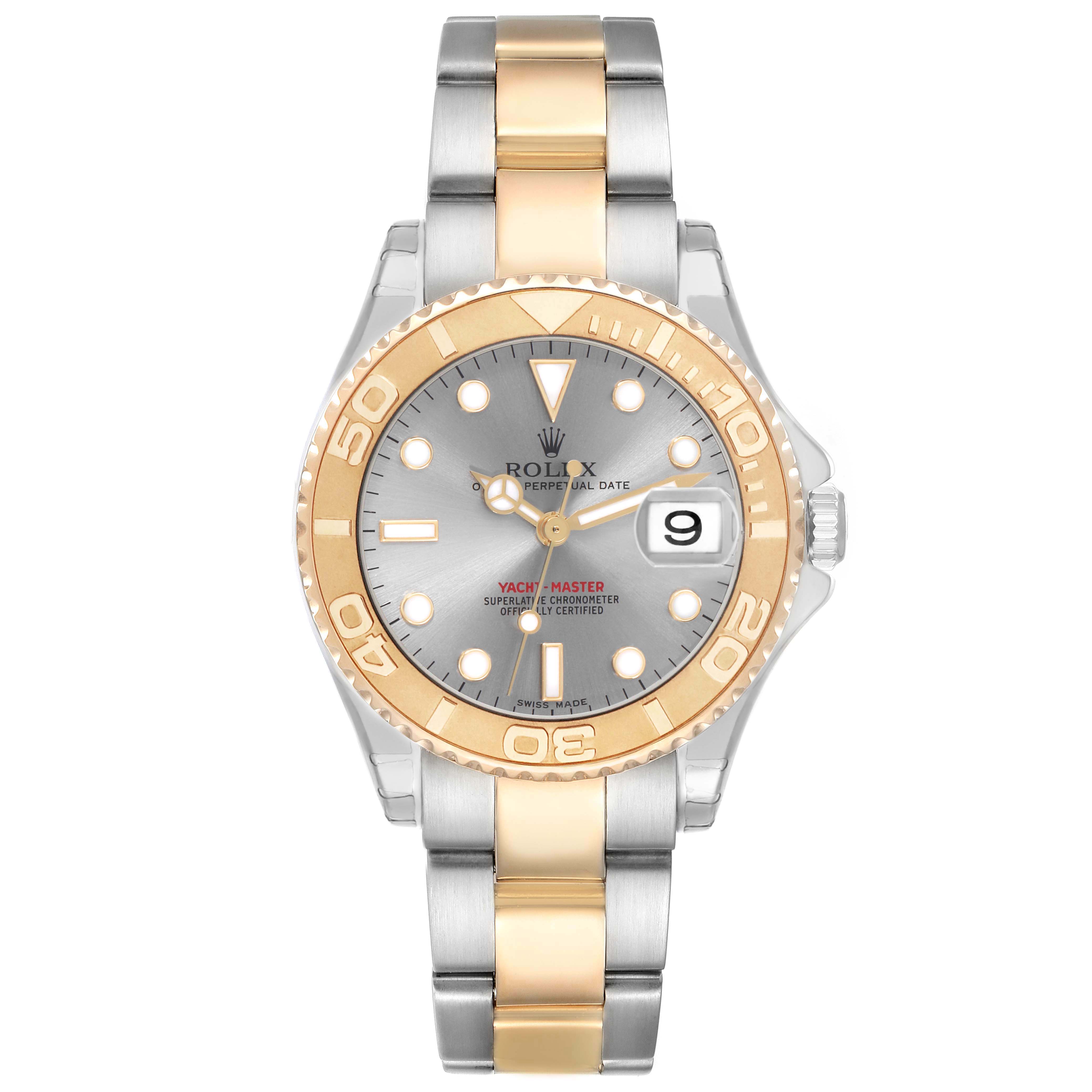The Rolex Yacht-Master 168623 Men's Steel and Gold (two tone) Grey Dial watch is shown from a top-down angle, highlighting its dial, bezel, and two-tone bracelet.
