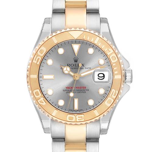 The Rolex Yacht-Master 168623 Men's Steel and Gold (two tone) Grey Dial watch is shown from the front, displaying its dial, bezel, and bracelet.