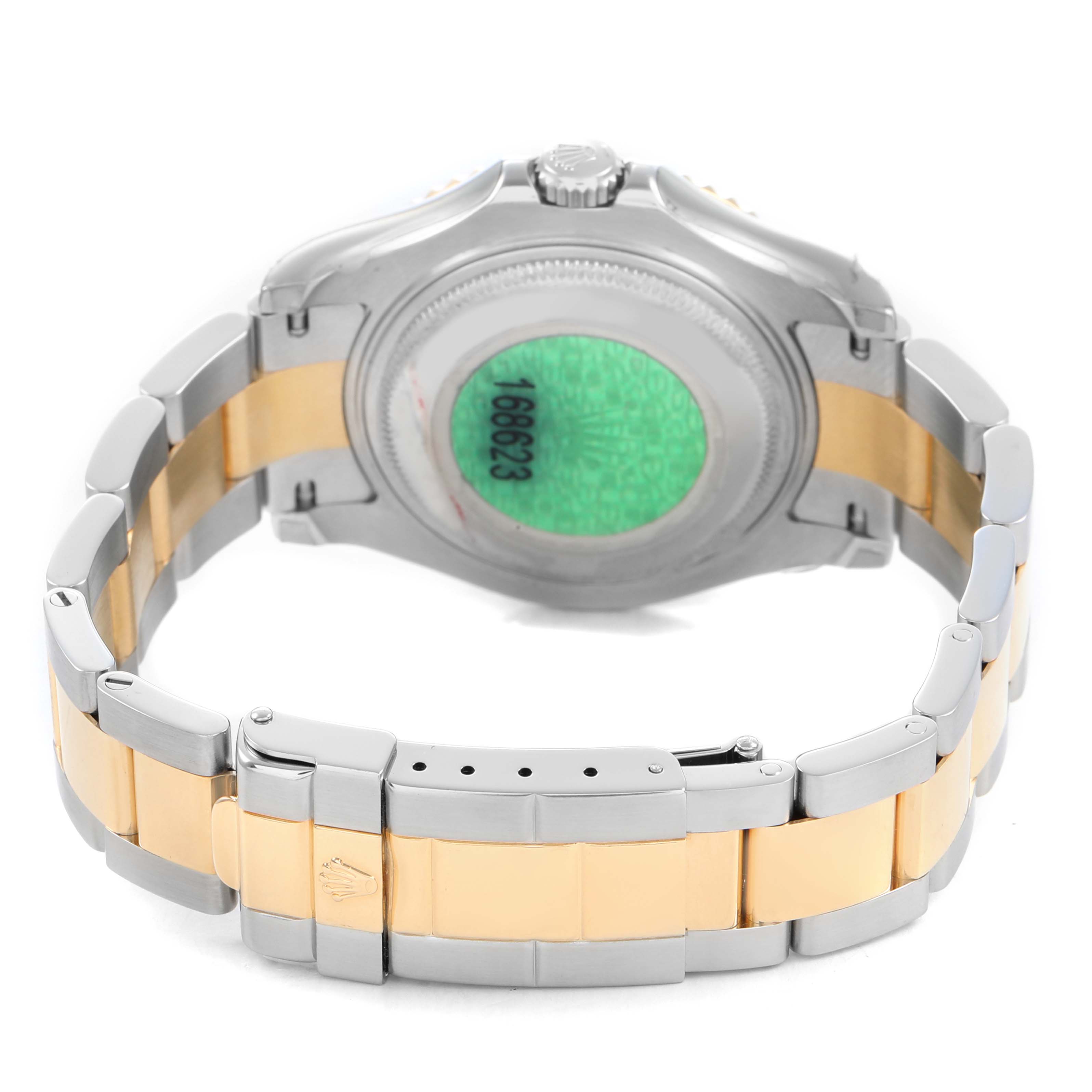 The image shows the back of a Rolex Yacht-Master 168623 Men's Steel and Gold (two tone) Grey Dial watch, highlighting the case back and the two-tone bracelet with a clasp.