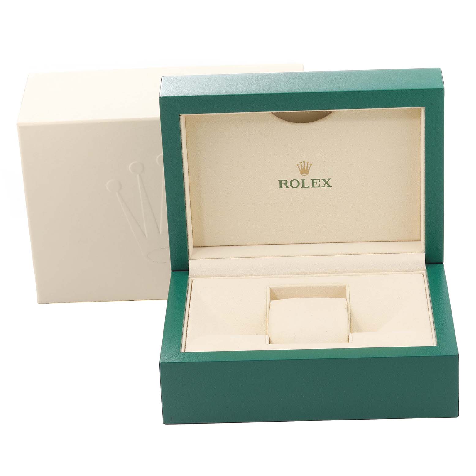 A Rolex Yacht-Master 116622 Men's Stainless Steel Silver Dial 116622 Men's Stainless Steel Silver Dial watch box is shown open and angled slightly to the front, revealing its green exterior and beige interior.