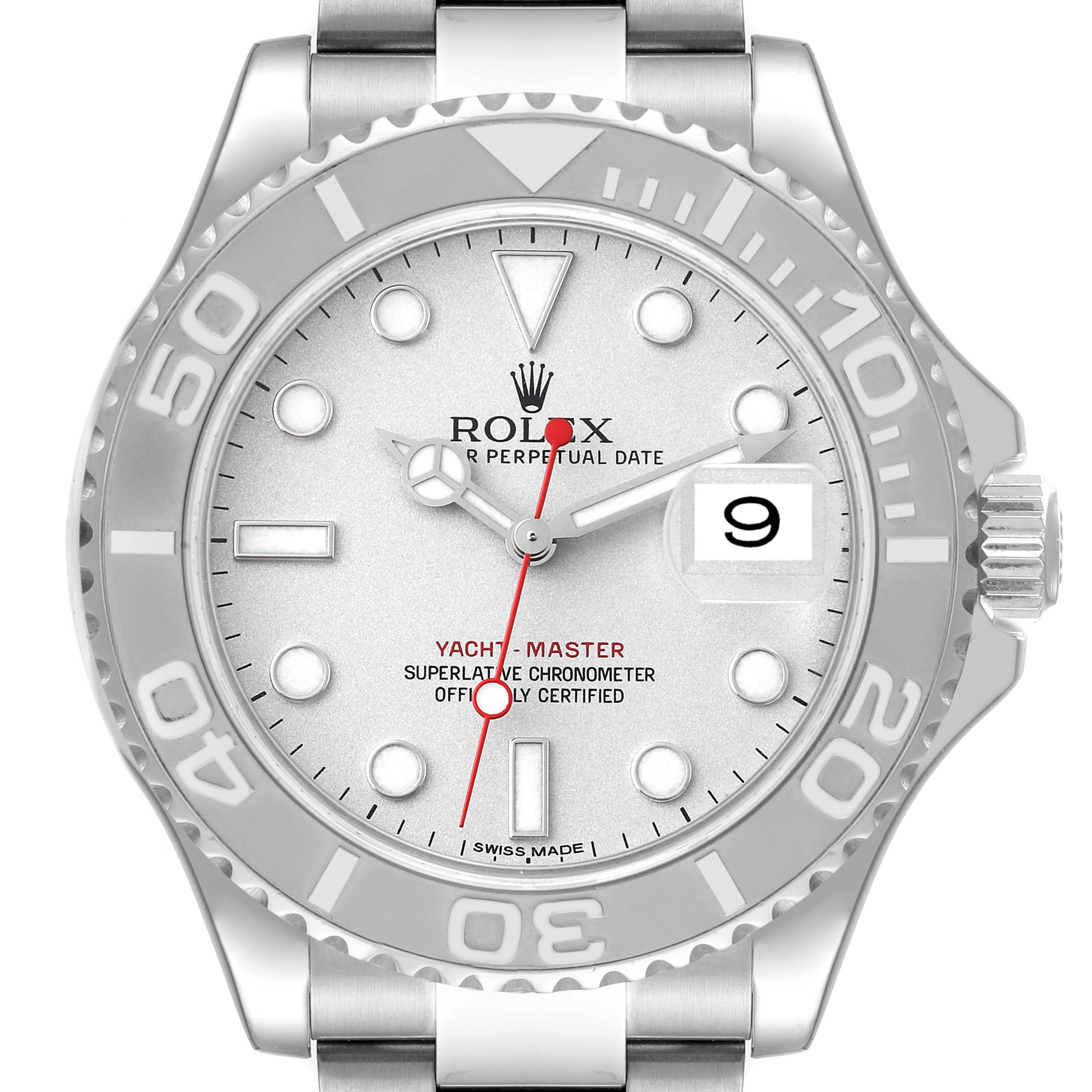 This image shows a front view of the Rolex Yacht-Master 116622 Men's Stainless Steel Silver Dial 116622 Men's Stainless Steel Silver Dial watch, highlighting its dial, bezel, and bracelet.