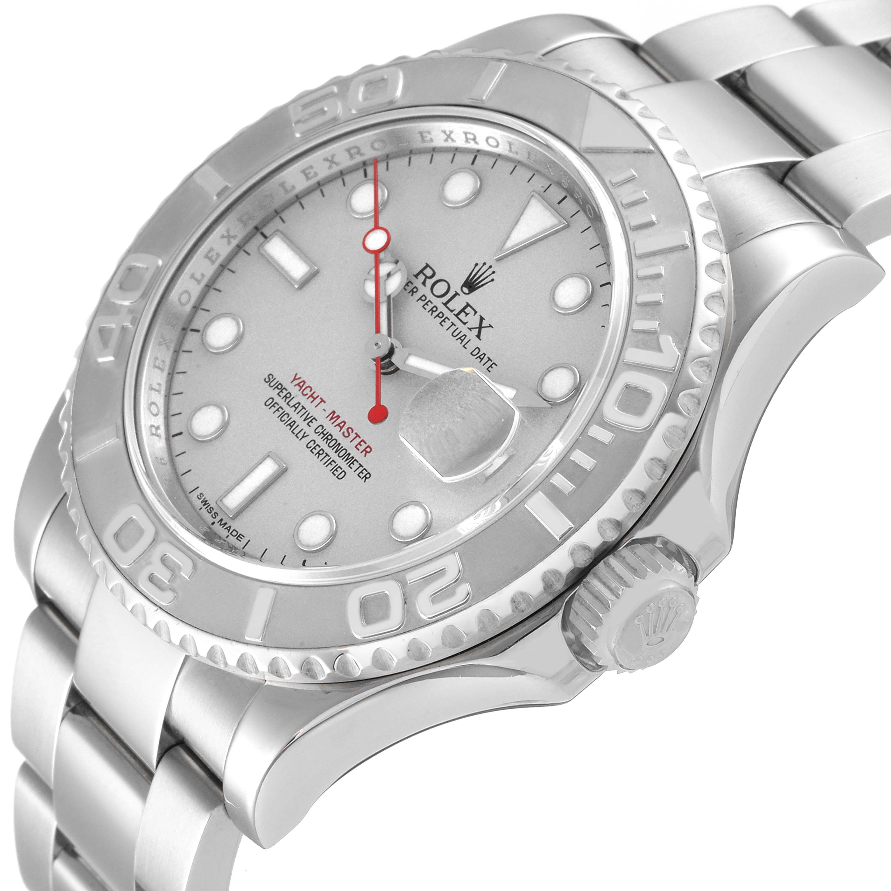 The Rolex Yacht-Master 116622 Men's Stainless Steel Silver Dial 116622 Men's Stainless Steel Silver Dial watch is shown from a front angle, highlighting the face, bezel, and part of the bracelet.