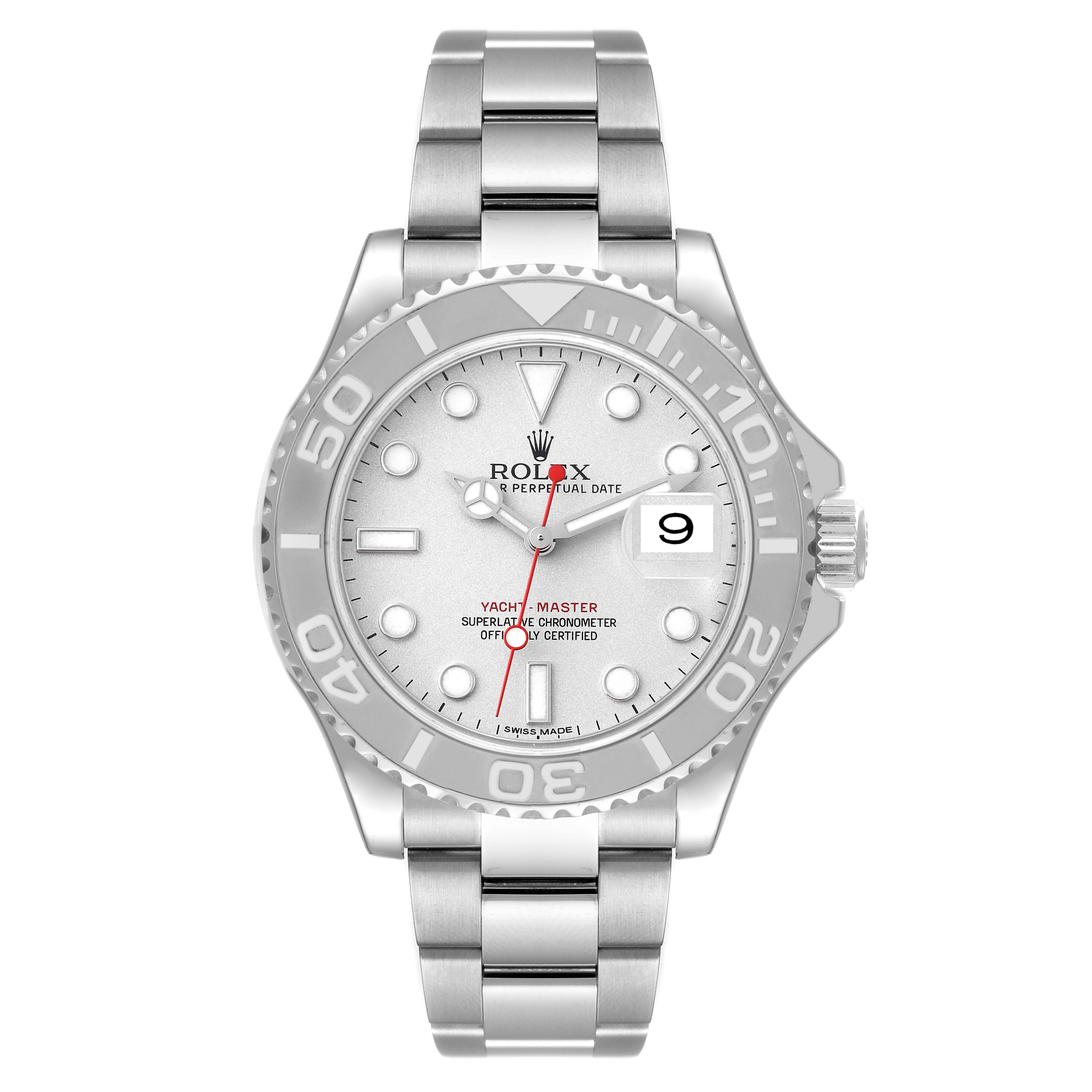 The image shows a front view of a Rolex Yacht-Master 116622 Men's Stainless Steel Silver Dial 116622 Men's Stainless Steel Silver Dial watch, highlighting the face, bezel, bracelet, and crown.