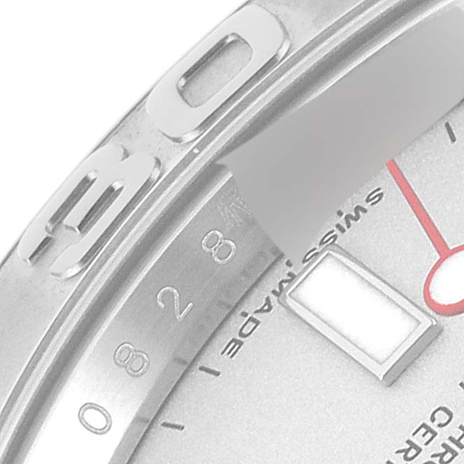 This close-up image shows the bezel, partial dial, and date window of a Rolex Yacht-Master 116622 Men's Stainless Steel Silver Dial 116622 Men's Stainless Steel Silver Dial watch at an angle.