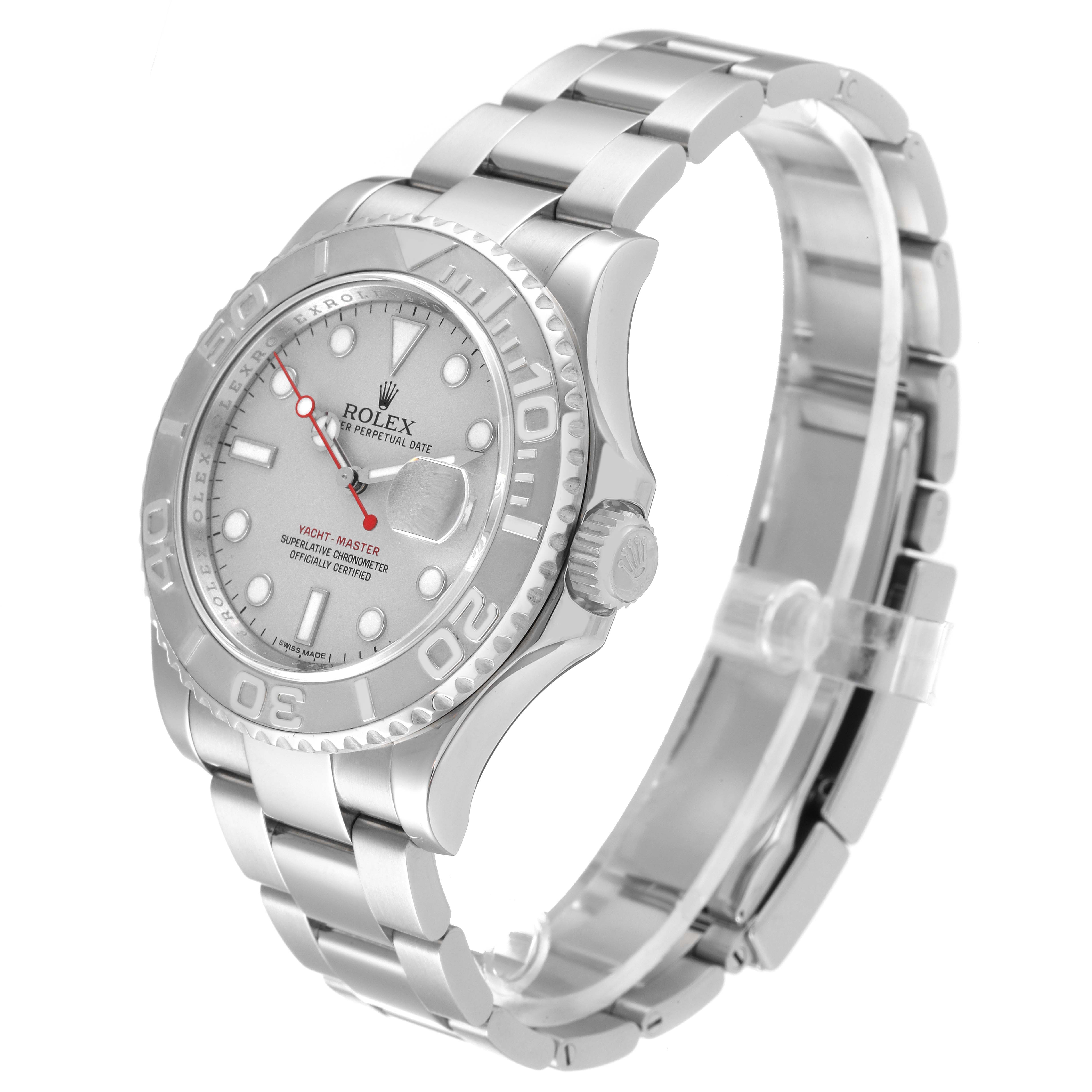 The image shows a side profile and angled view of the Rolex Yacht-Master 116622 Men's Stainless Steel Silver Dial 116622 Men's Stainless Steel Silver Dial watch, highlighting the face, bezel, crown, and bracelet.