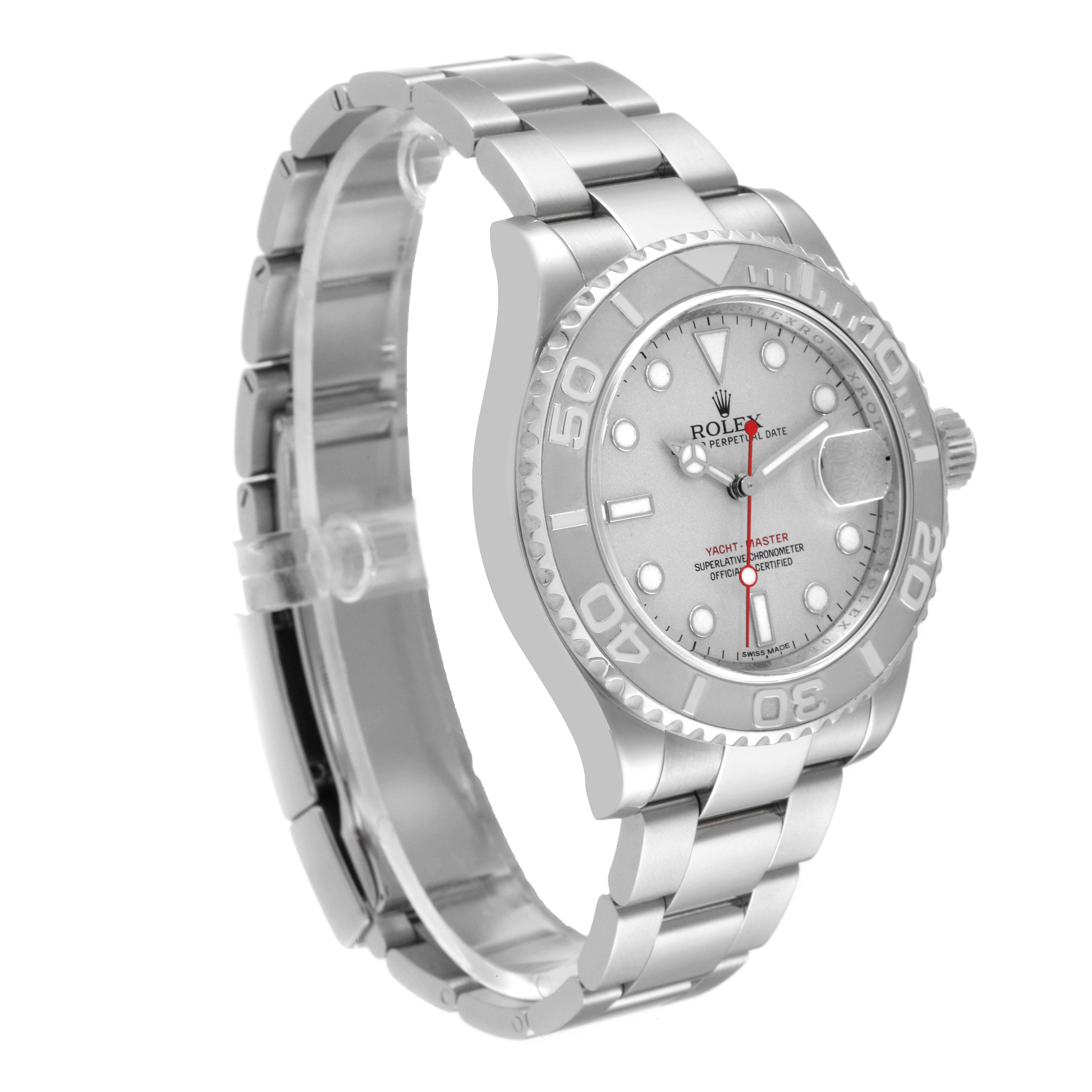 The Rolex Yacht-Master 116622 Men's Stainless Steel Silver Dial 116622 Men's Stainless Steel Silver Dial watch is shown from a side angle, highlighting its bracelet, bezel, and dial.