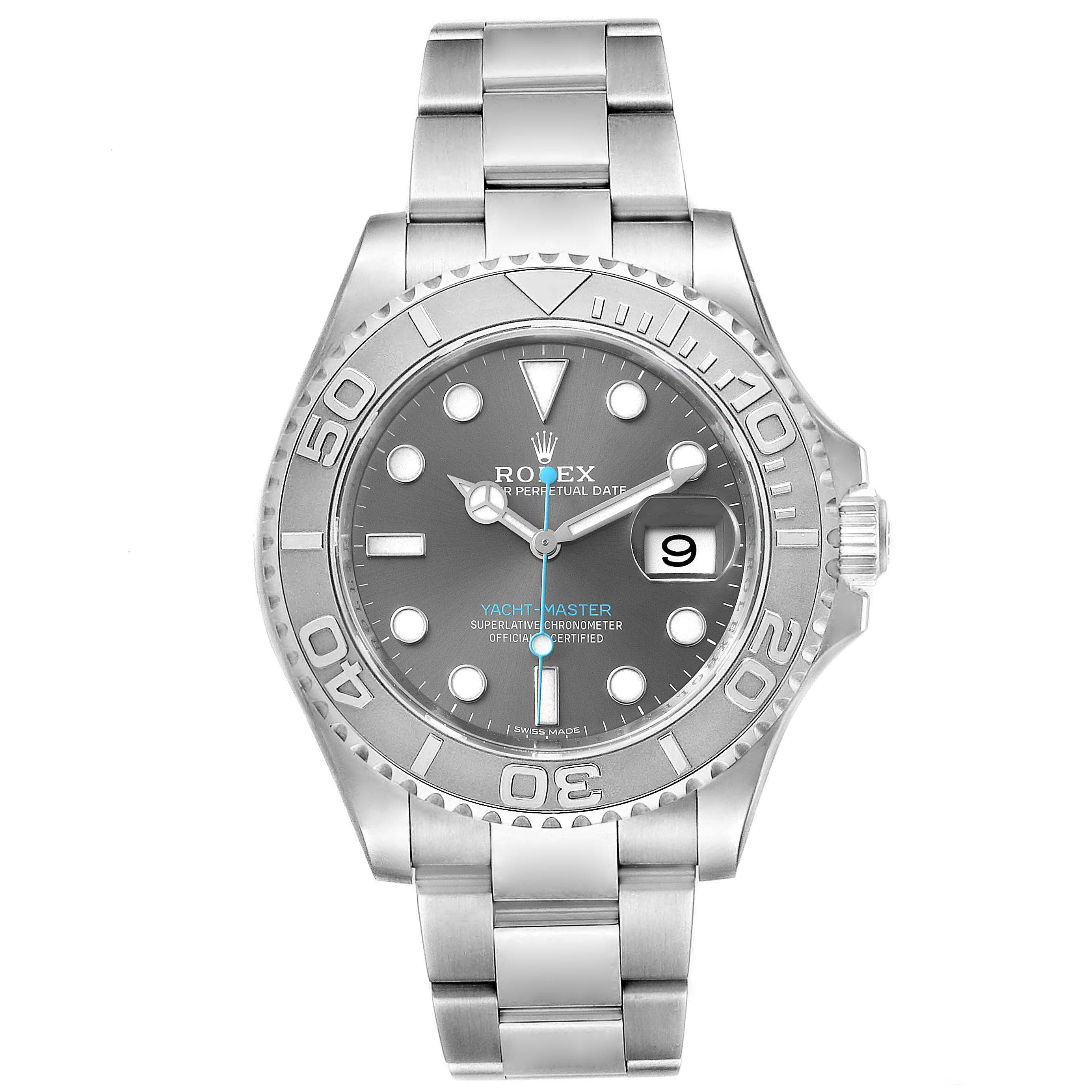The image shows a front view of the Rolex Yacht-Master 116622 Men
s Stainless Steel Grey Dial 116622 Men
s Stainless Steel Grey Dial watch, displaying the dial, hands, bezel, and bracelet.