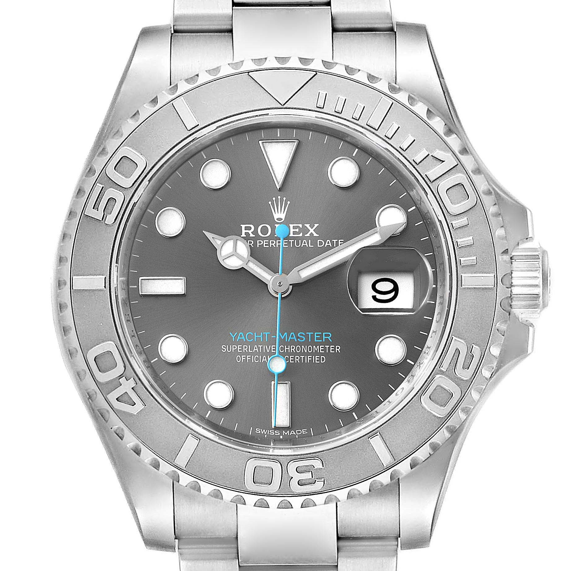 This image shows a front view of the Rolex Yacht-Master 116622 Men
s Stainless Steel Grey Dial 116622 Men
s Stainless Steel Grey Dial watch, highlighting its bezel, dial, and bracelet.
