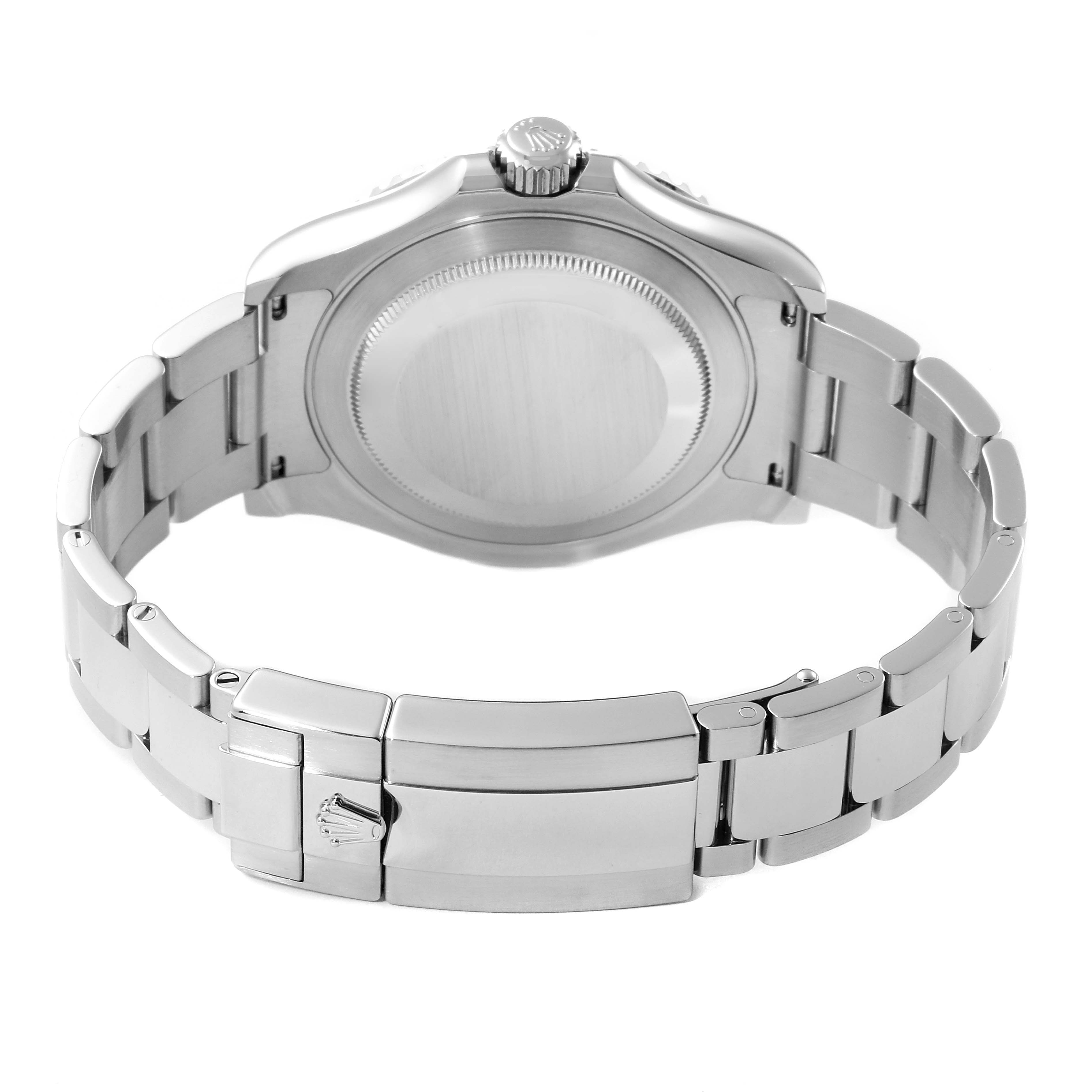 This Rolex Yacht-Master 116622 Men
s Stainless Steel Grey Dial 116622 Men
s Stainless Steel Grey Dial watch is shown from the back, displaying its caseback, crown, and the bracelet with a clasp.