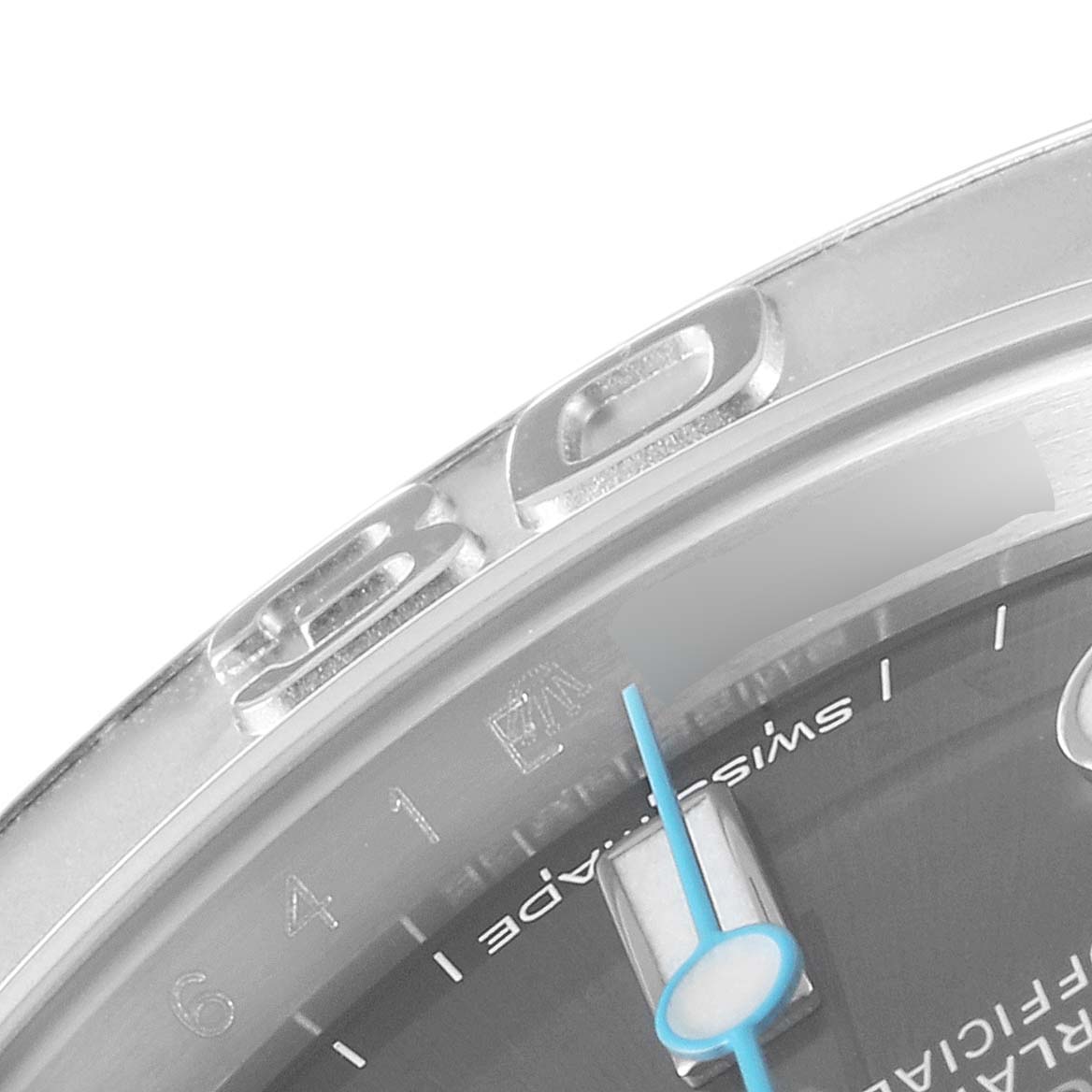 The image shows a close-up of the bezel, part of the dial, and minute hand of a Rolex Yacht-Master 116622 Men
s Stainless Steel Grey Dial 116622 Men
s Stainless Steel Grey Dial watch.