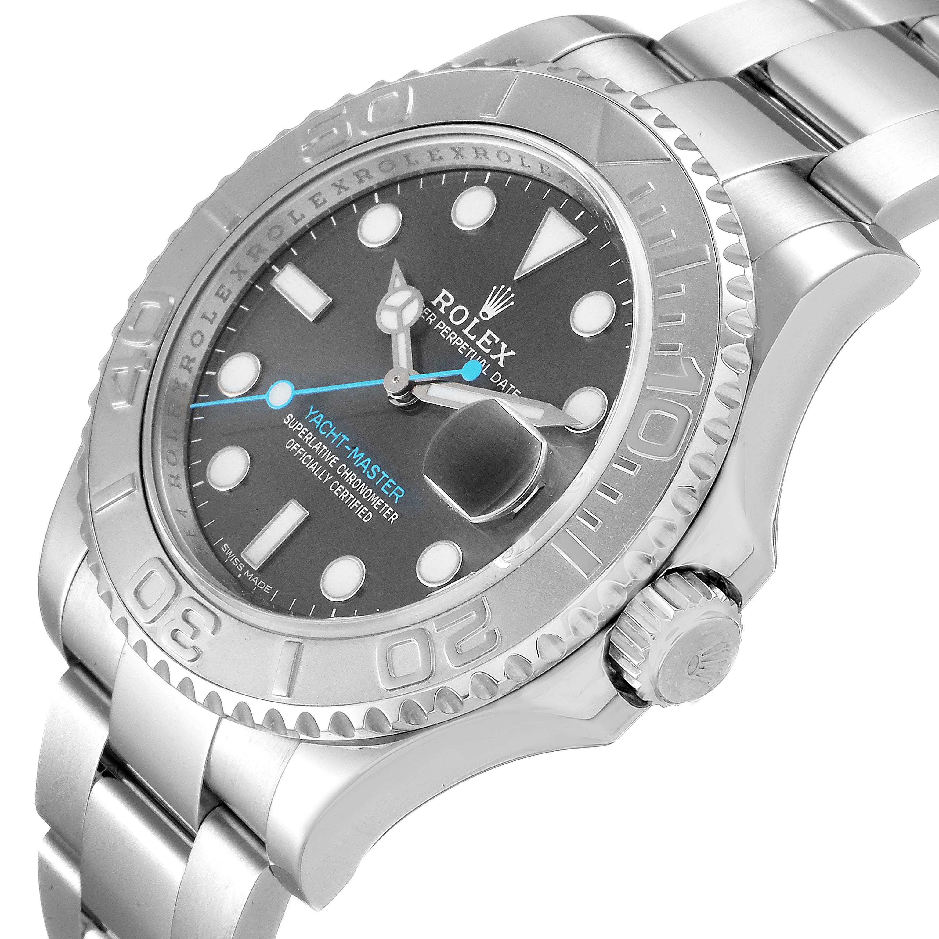 The image shows a Rolex Yacht-Master 116622 Men
s Stainless Steel Grey Dial 116622 Men
s Stainless Steel Grey Dial watch at a slight side angle, displaying its bezel, dial, hands, date, and part of the bracelet.