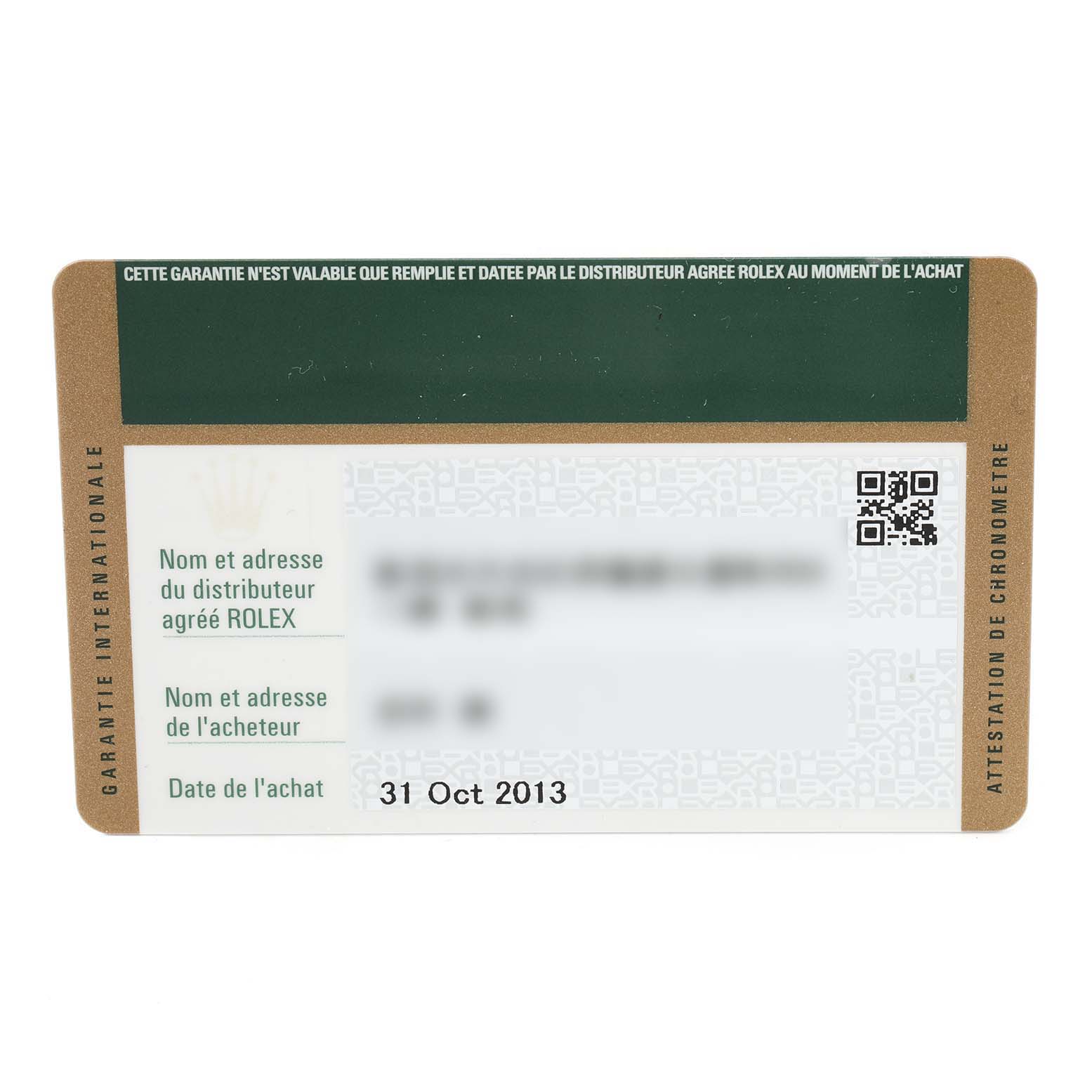 This image shows a warranty card for the Rolex Yacht-Master 116622 Men
s Stainless Steel Grey Dial 116622 Men
s Stainless Steel Grey Dial watch, dated 31 Oct 2013.