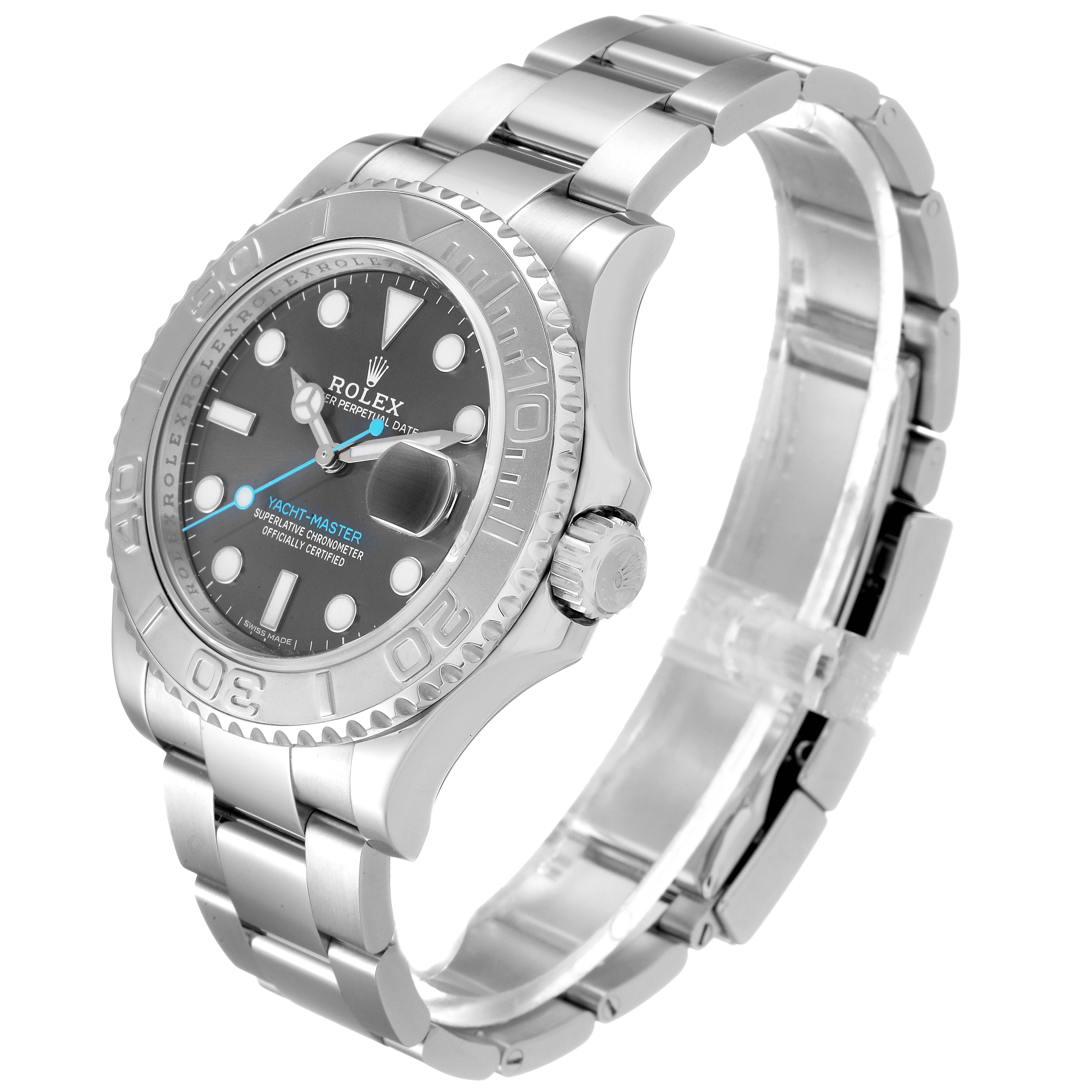 The Rolex Yacht-Master 116622 Men
s Stainless Steel Grey Dial 116622 Men
s Stainless Steel Grey Dial watch is shown from a three-quarter angle, displaying the face, bezel, crown, and bracelet.