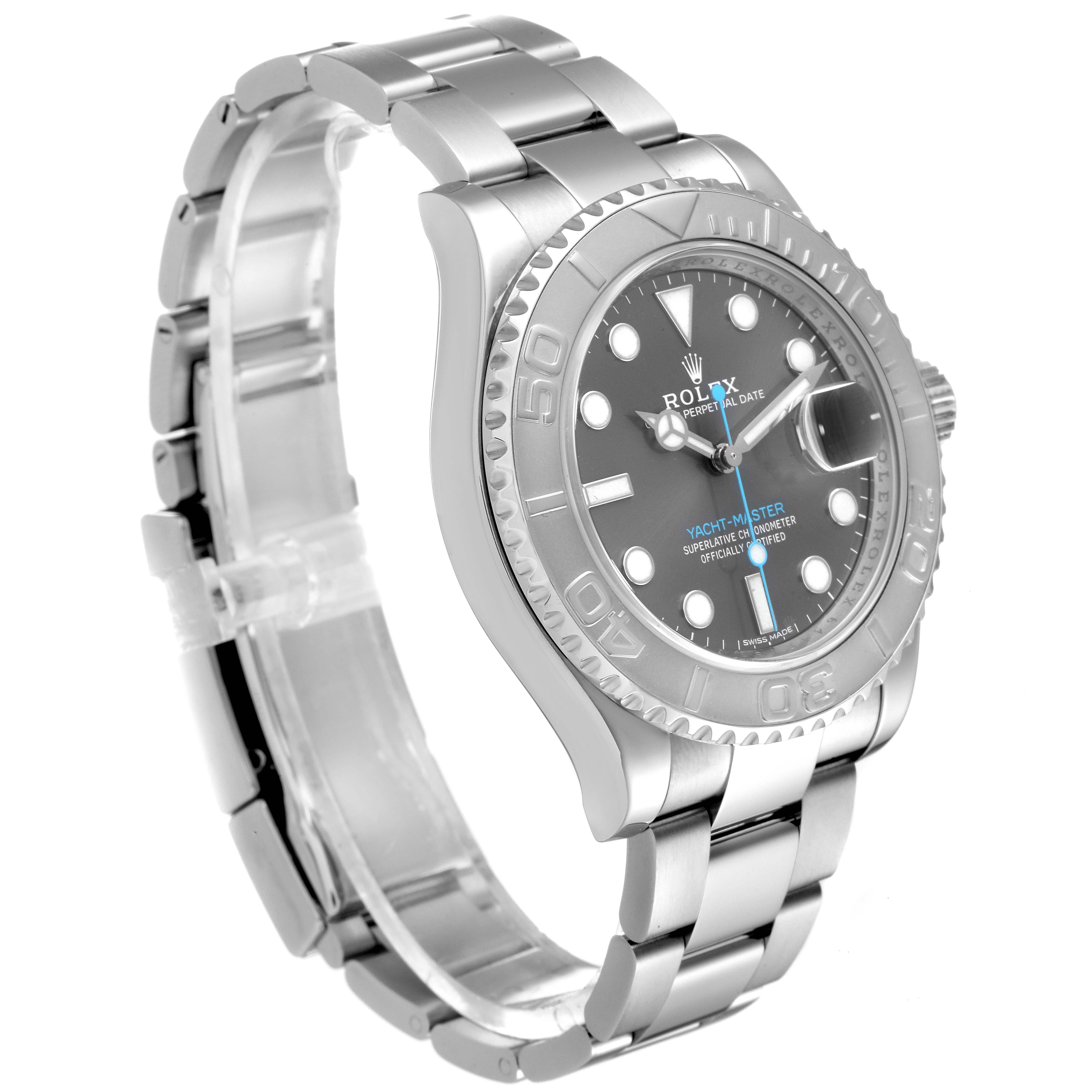 The image shows the front and side of a Rolex Yacht-Master 116622 Men
s Stainless Steel Grey Dial 116622 Men
s Stainless Steel Grey Dial, highlighting the dial, bezel, and bracelet.