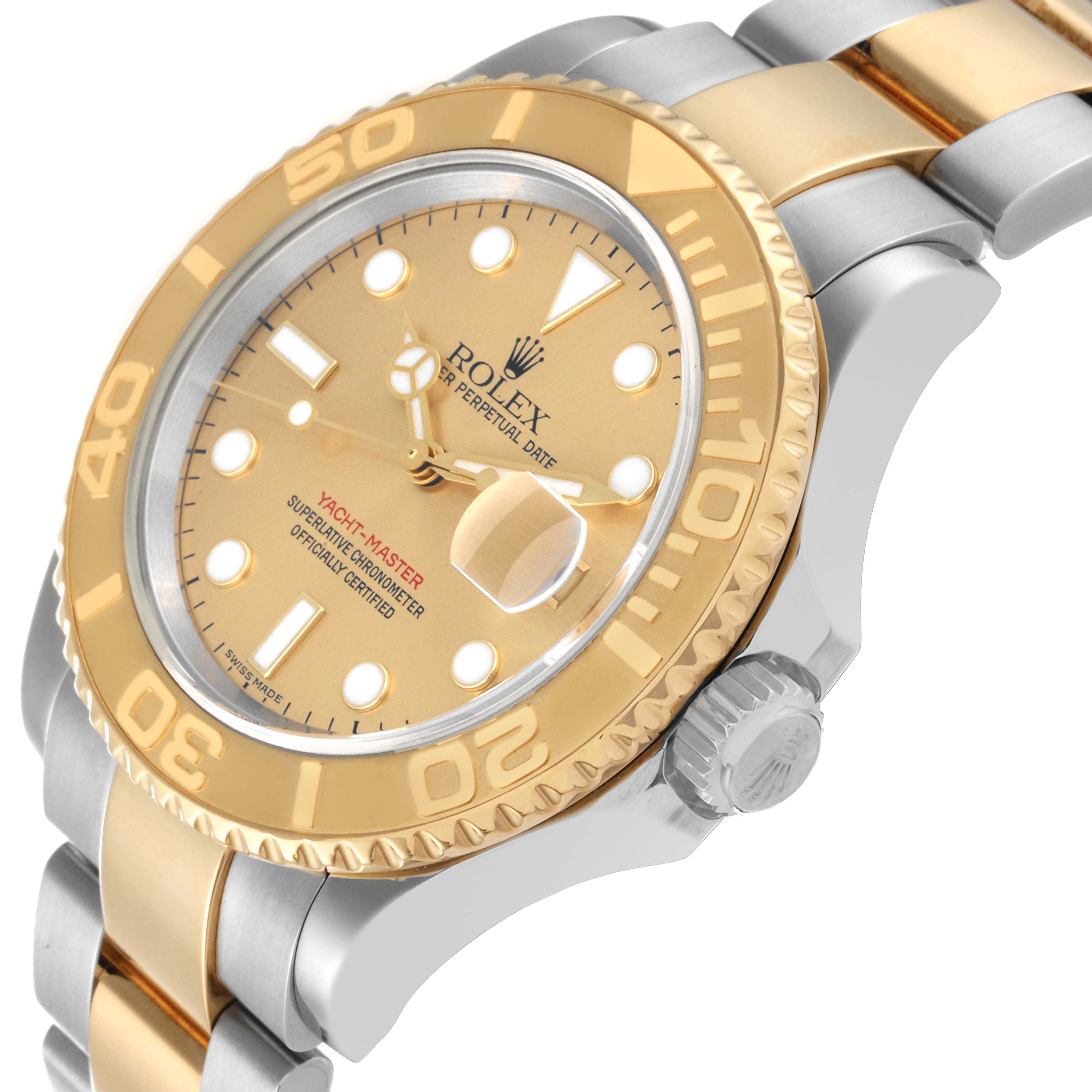 The Rolex Yacht-Master 16623 Men's Steel and Gold (two tone) Champagne Dial 16623 Men's Steel and Gold (two tone) Champagne Dial watch is shown at an angled close-up, displaying its two-tone bracelet, gold bezel, and dial.