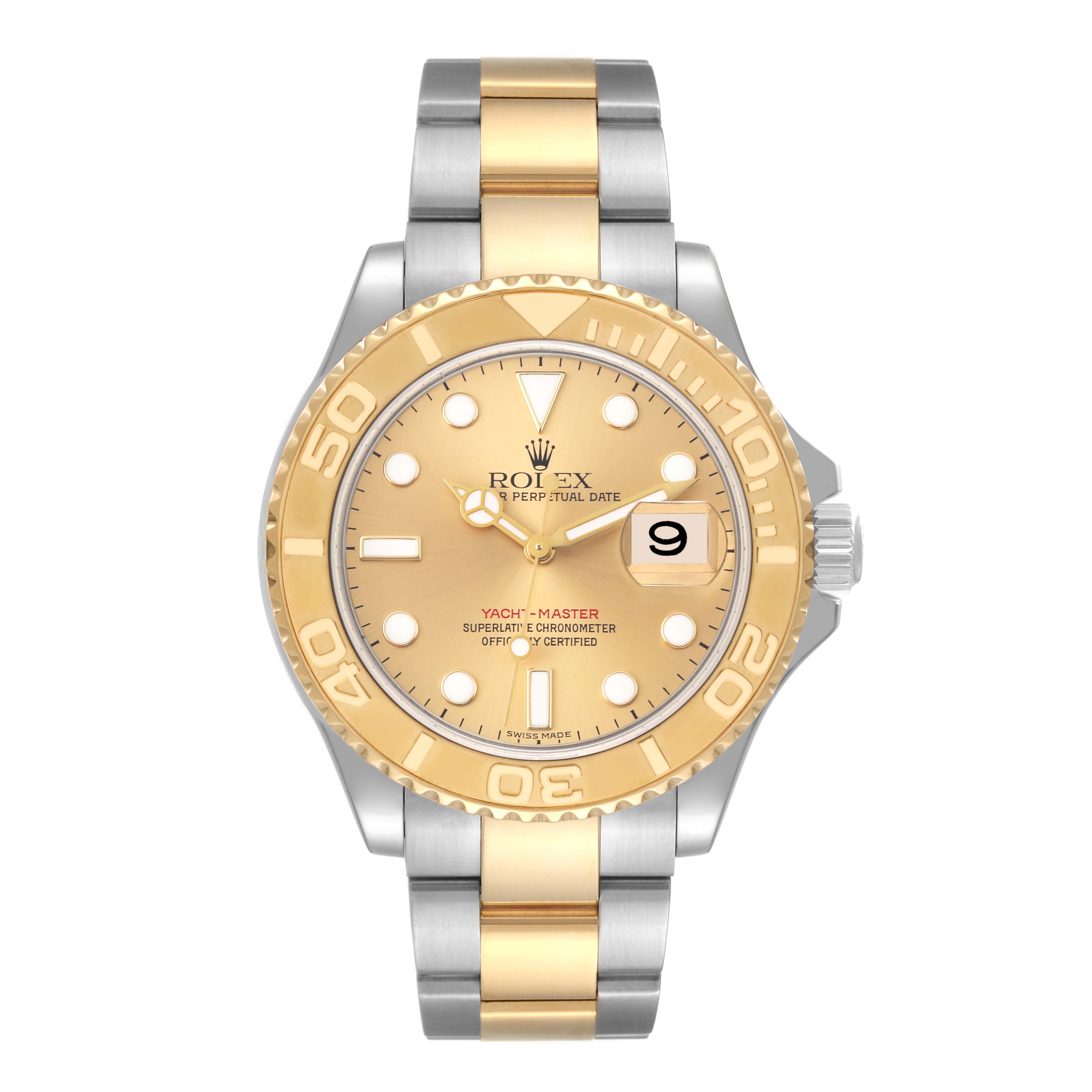 The image shows a front view of the Rolex Yacht-Master 16623 Men's Steel and Gold (two tone) Champagne Dial 16623 Men's Steel and Gold (two tone) Champagne Dial watch, featuring its dial, bezel, and two-tone bracelet.