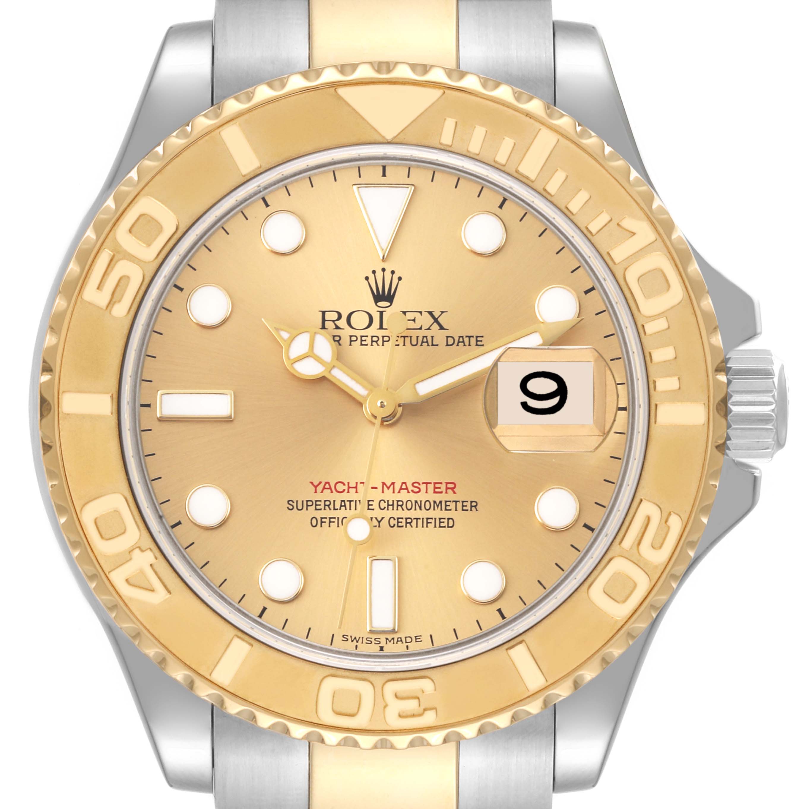 The image shows a close-up front view of the dial and bezel of a Rolex Yacht-Master 16623 Men's Steel and Gold (two tone) Champagne Dial 16623 Men's Steel and Gold (two tone) Champagne Dial watch.