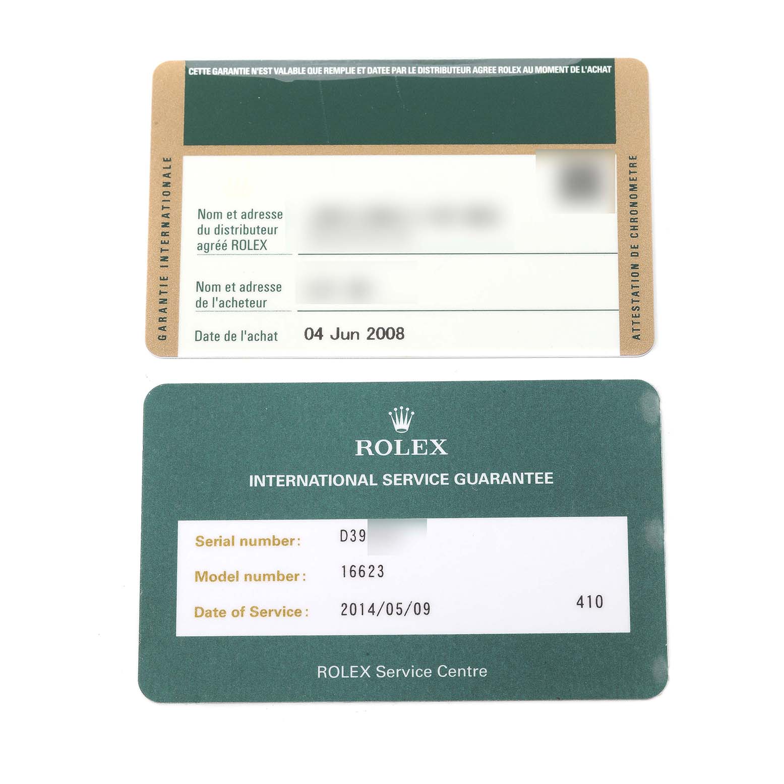 The image shows international guarantee and service cards for a Rolex Yacht-Master 16623 Men's Steel and Gold (two tone) Champagne Dial 16623 Men's Steel and Gold (two tone) Champagne Dial, including purchase date and serial/model numbers.