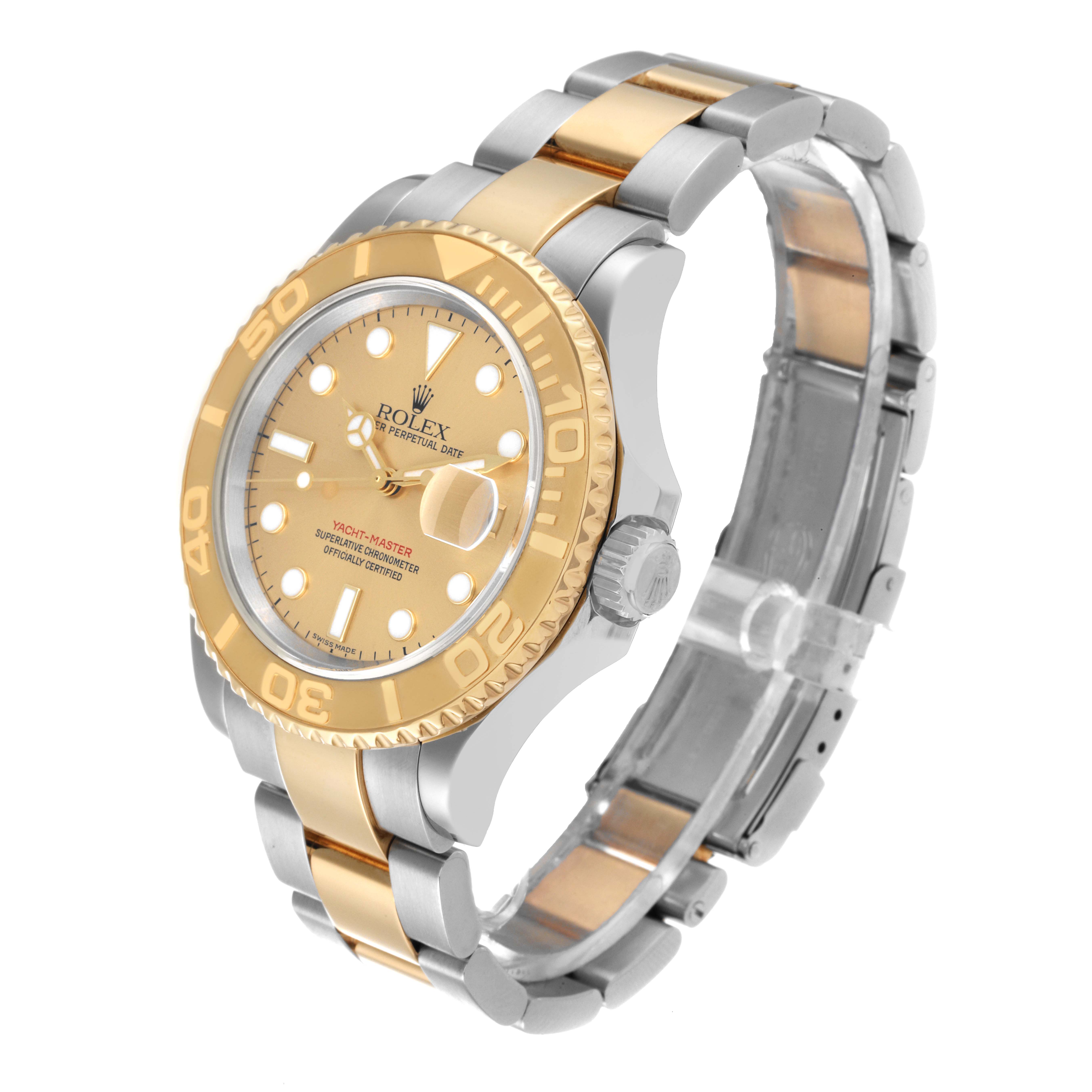 This Rolex Yacht-Master 16623 Men's Steel and Gold (two tone) Champagne Dial 16623 Men's Steel and Gold (two tone) Champagne Dial watch is shown at a 3/4 angle, highlighting its two-tone band, gold bezel, and face.