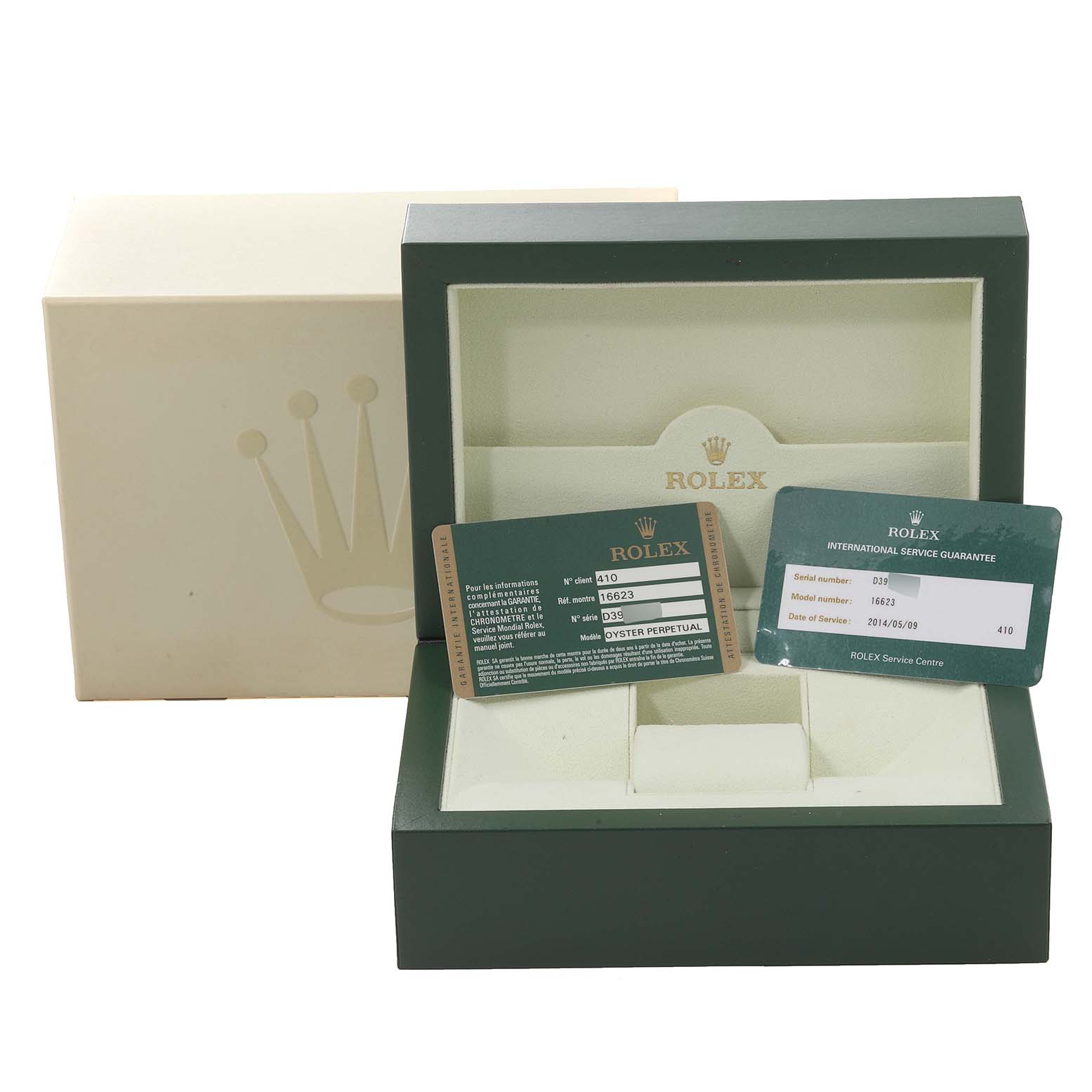 The image shows a box and guarantee cards for a Rolex Yacht-Master 16623 Men's Steel and Gold (two tone) Champagne Dial 16623 Men's Steel and Gold (two tone) Champagne Dial watch, without the watch itself visible.