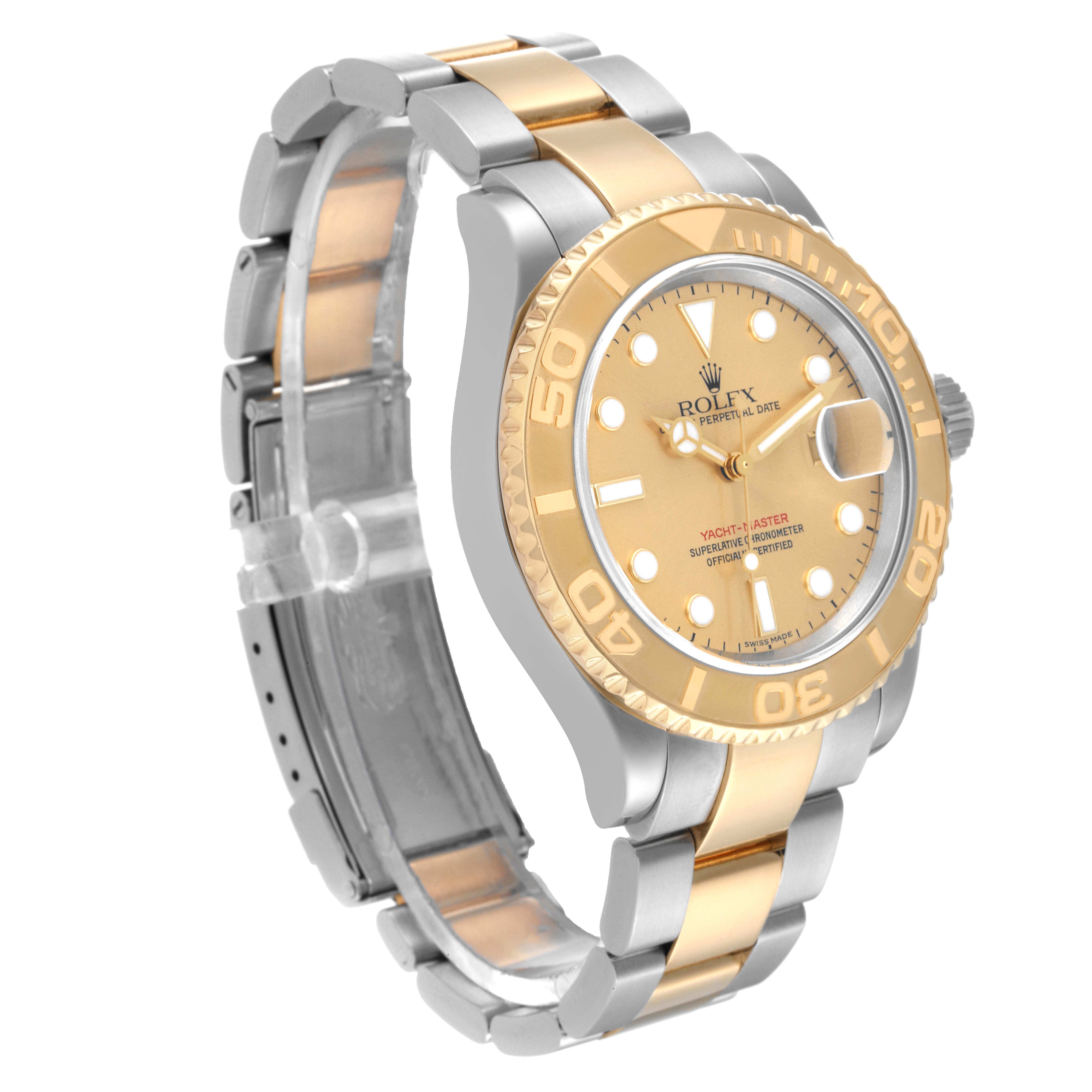 The image shows a side angle of the Rolex Yacht-Master 16623 Men's Steel and Gold (two tone) Champagne Dial 16623 Men's Steel and Gold (two tone) Champagne Dial watch, highlighting its gold and silver bracelet, bezel, and dial.