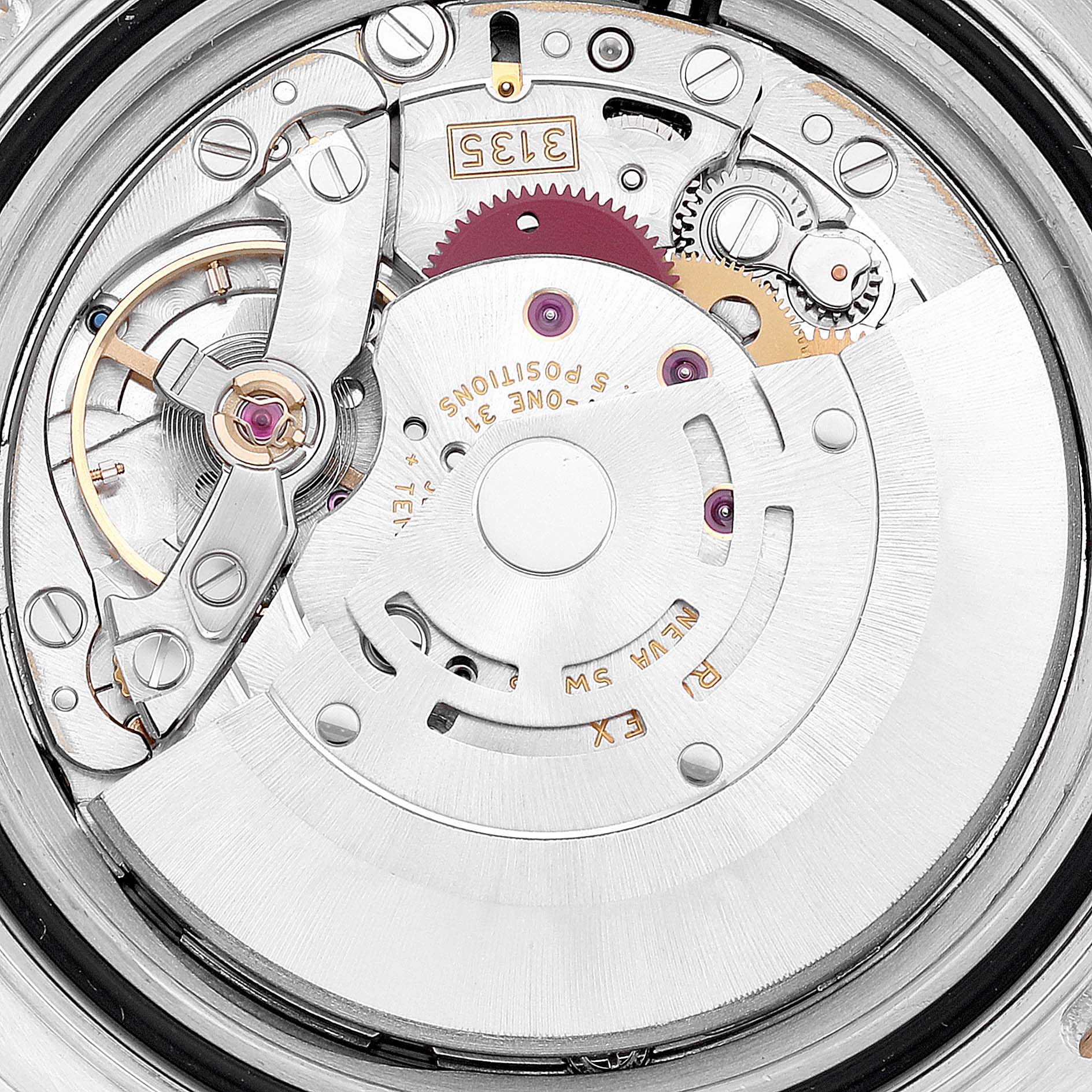 The image shows a close-up of the intricate internal mechanism of a Rolex Yacht-Master 16623 Men's Steel and Gold (two tone) Champagne Dial 16623 Men's Steel and Gold (two tone) Champagne Dial watch.