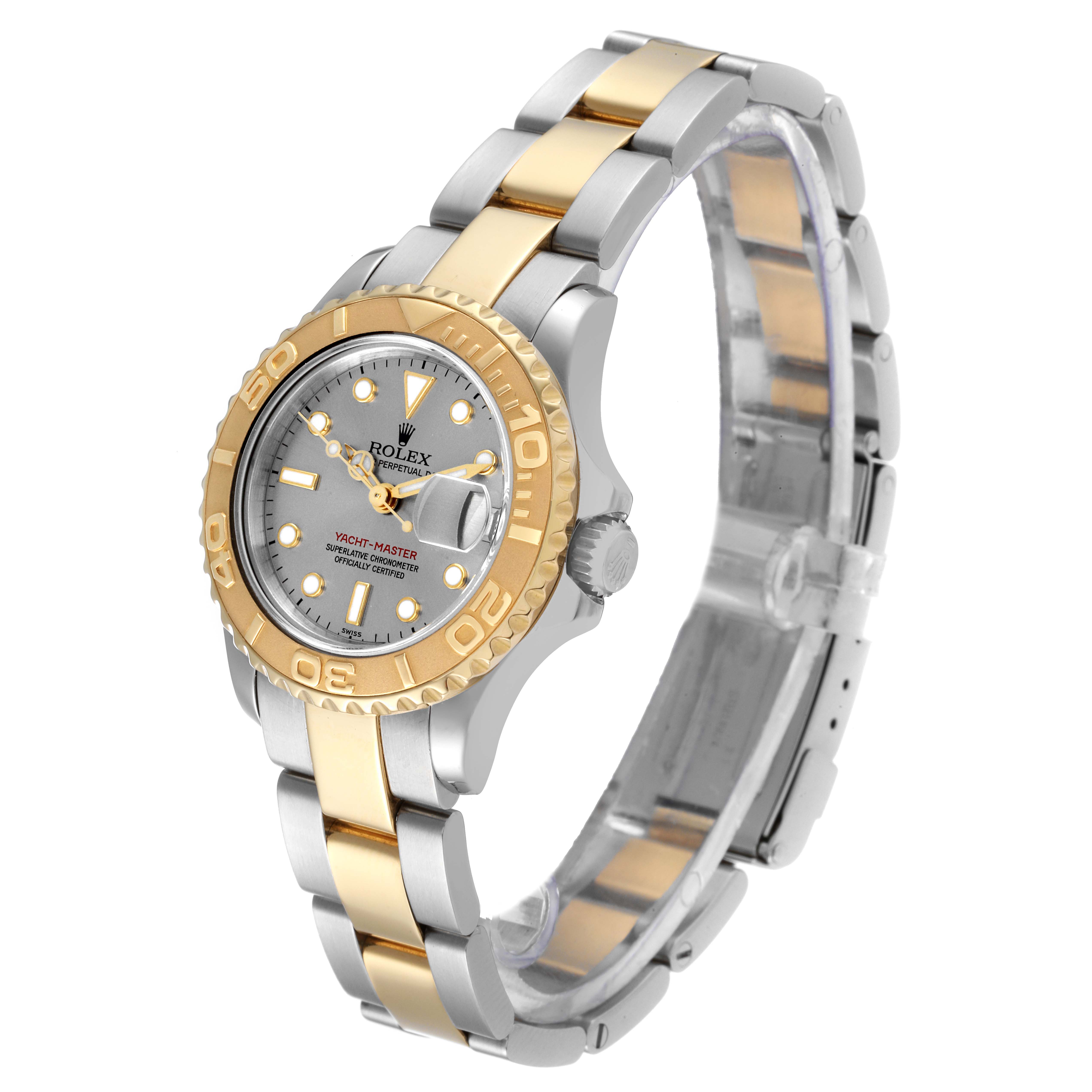 The Rolex Yacht-Master 69623 Women's Steel and Gold (two tone) Grey Dial 69623 Women's Steel and Gold (two tone) Grey Dial watch is shown at a 3/4 angle, highlighting the dial, bezel, crown, and two-tone bracelet.