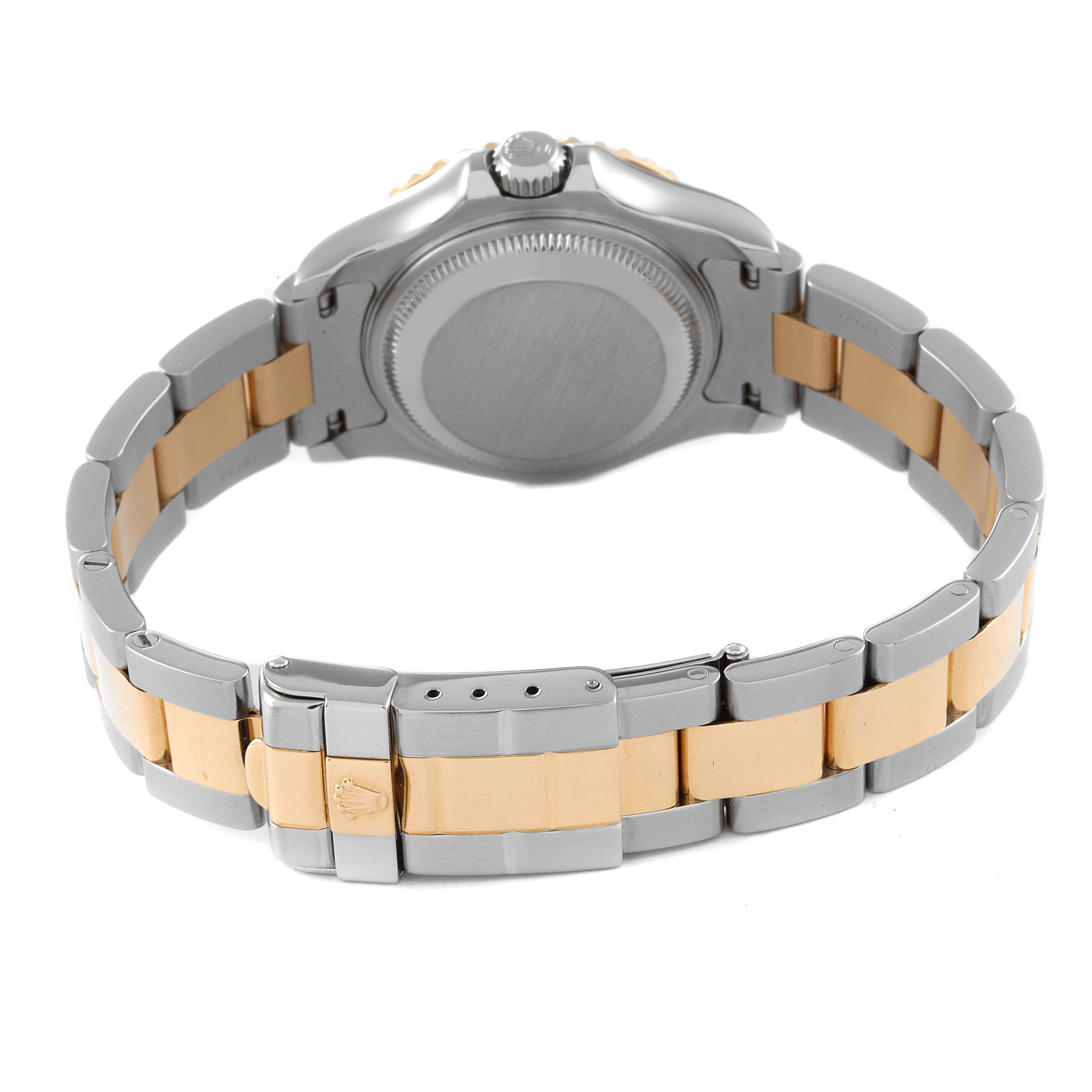 The image shows the back view of a Rolex Yacht-Master 69623 Women's Steel and Gold (two tone) Grey Dial 69623 Women's Steel and Gold (two tone) Grey Dial watch, focusing on the stainless steel and gold bracelet and clasp.