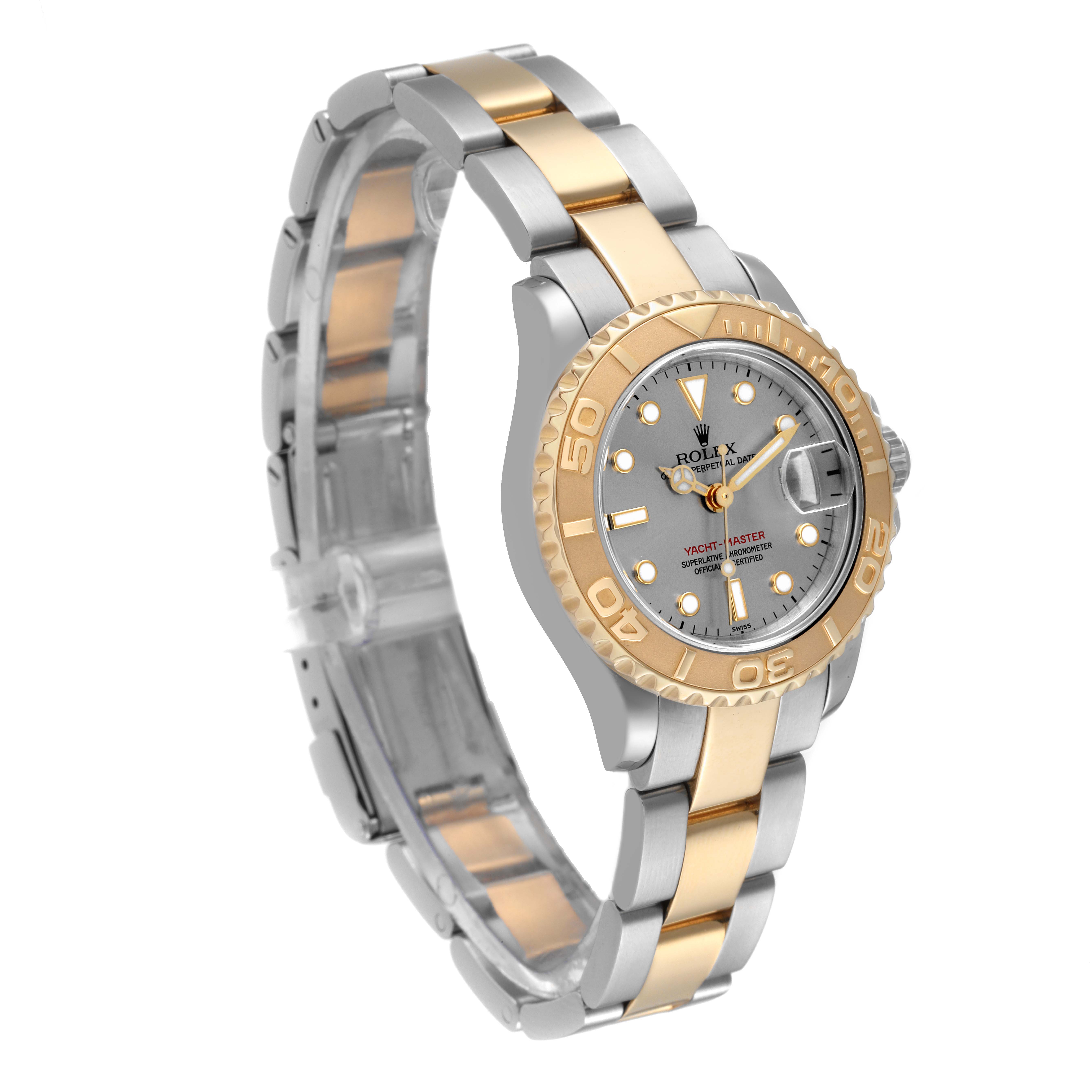 This image shows the front and side of the Rolex Yacht-Master 69623 Women's Steel and Gold (two tone) Grey Dial 69623 Women's Steel and Gold (two tone) Grey Dial watch, including the bracelet, bezel, and dial.