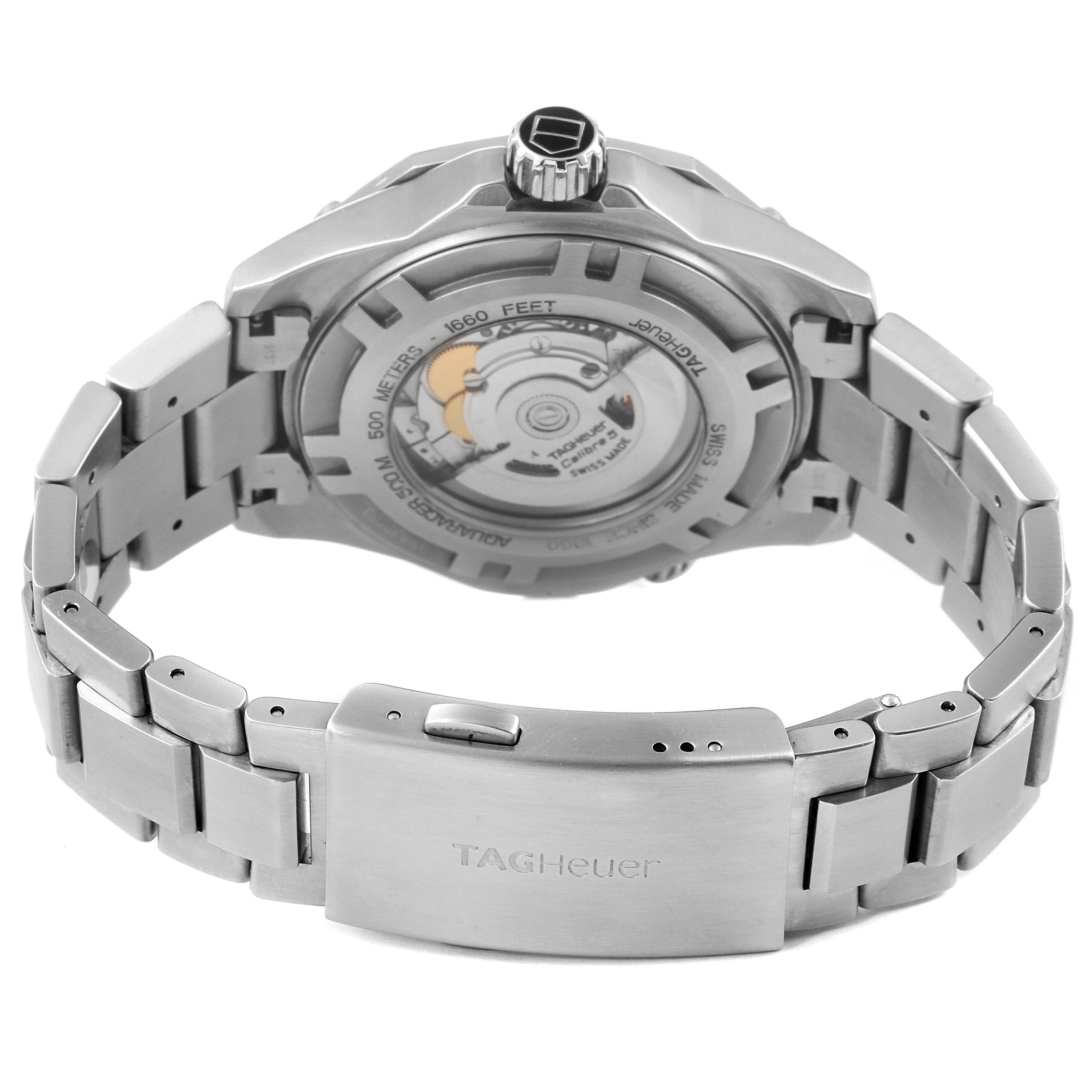 This image shows the back view of a Tag Heuer Aquaracer WAJ2150.BA0870 Men's Stainless Steel Black Dial WAJ2150.BA0870 Men's Stainless Steel Black Dial watch, highlighting the case back, movement, and clasp.