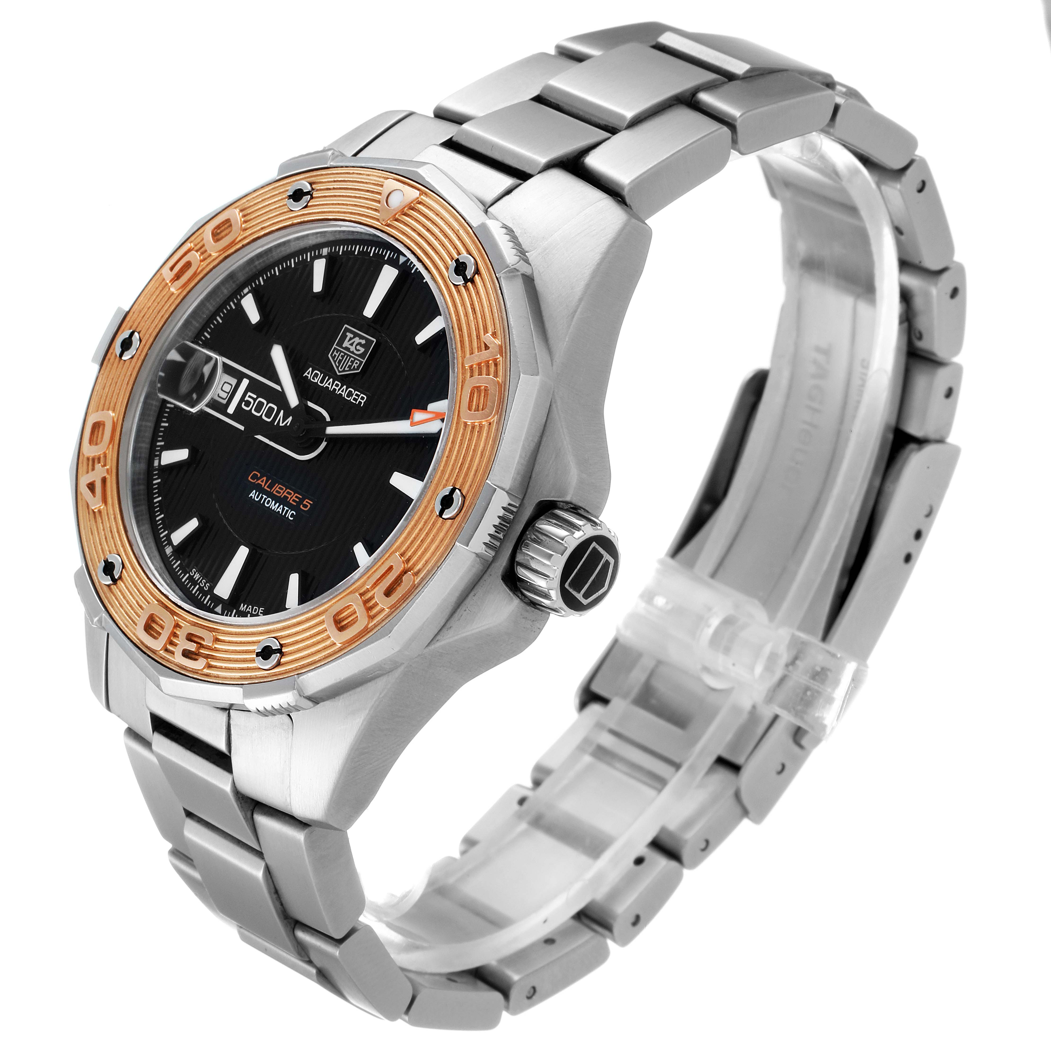 The image shows a side view of the Tag Heuer Aquaracer WAJ2150.BA0870 Men's Stainless Steel Black Dial WAJ2150.BA0870 Men's Stainless Steel Black Dial watch, highlighting its case, bezel, crown, and metal bracelet.