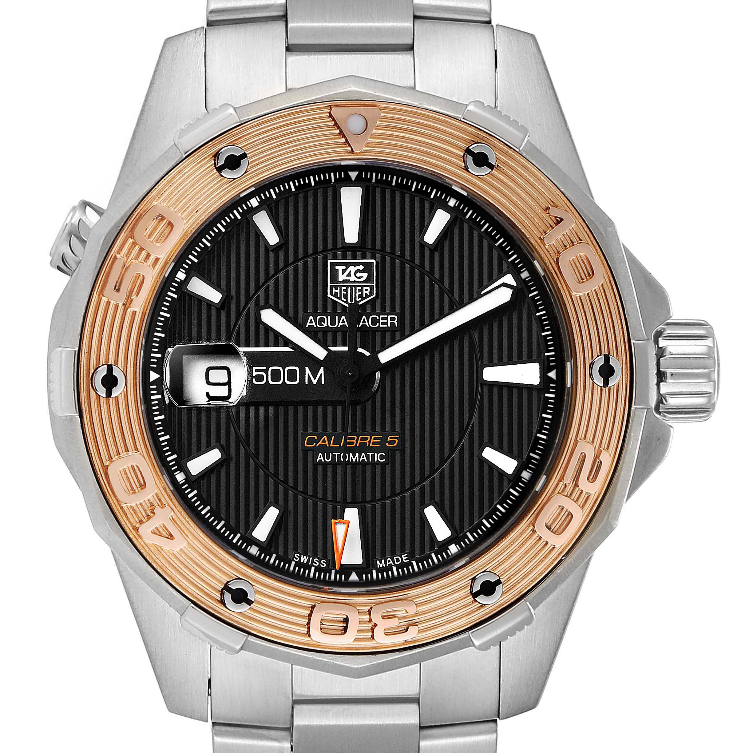 The image shows a front view of the Tag Heuer Aquaracer WAJ2150.BA0870 Men's Stainless Steel Black Dial WAJ2150.BA0870 Men's Stainless Steel Black Dial watch, highlighting the face, bezel, and part of the bracelet.