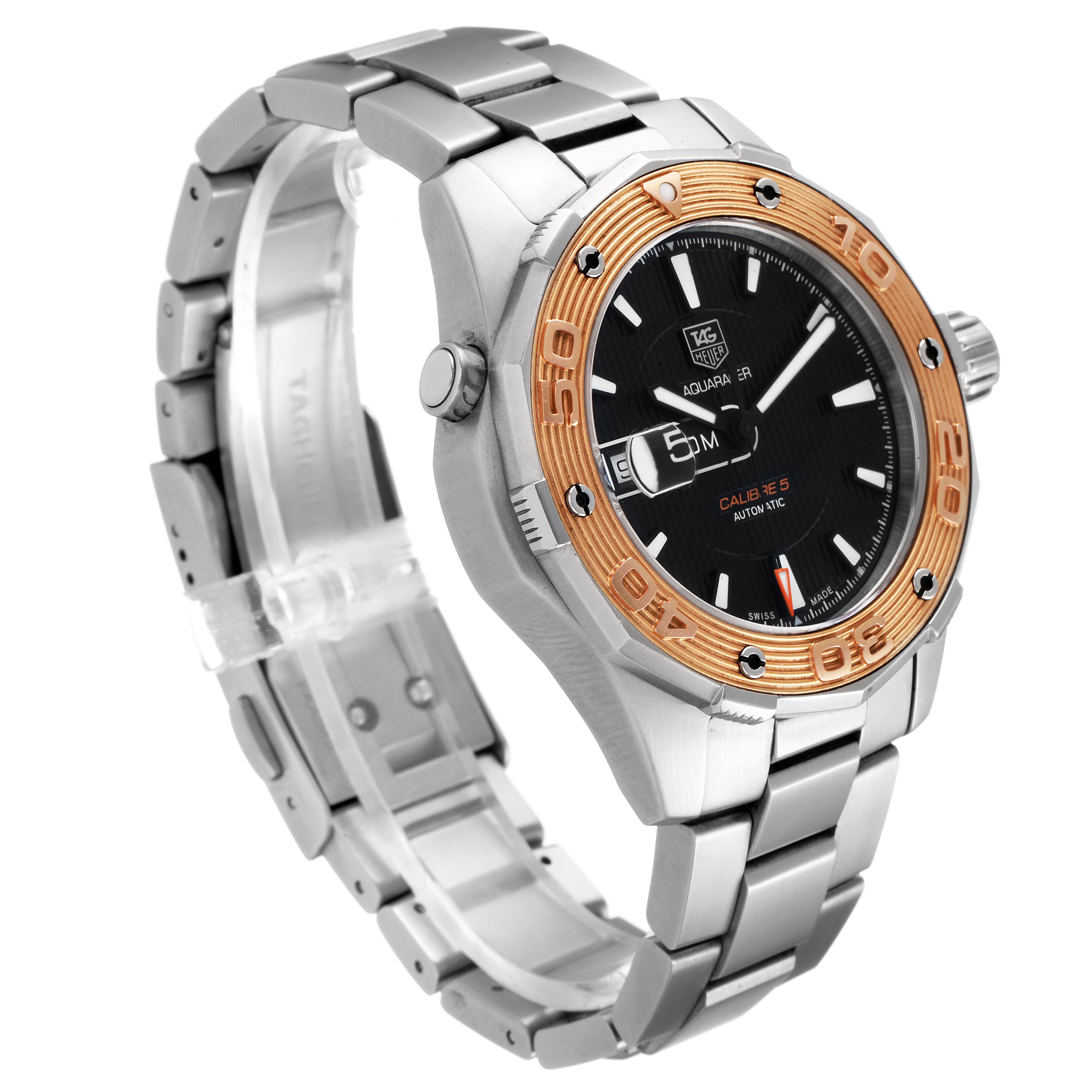The image shows the Tag Heuer Aquaracer WAJ2150.BA0870 Men's Stainless Steel Black Dial WAJ2150.BA0870 Men's Stainless Steel Black Dial watch at a three-quarter angle, highlighting its bezel, dial, and metal bracelet.