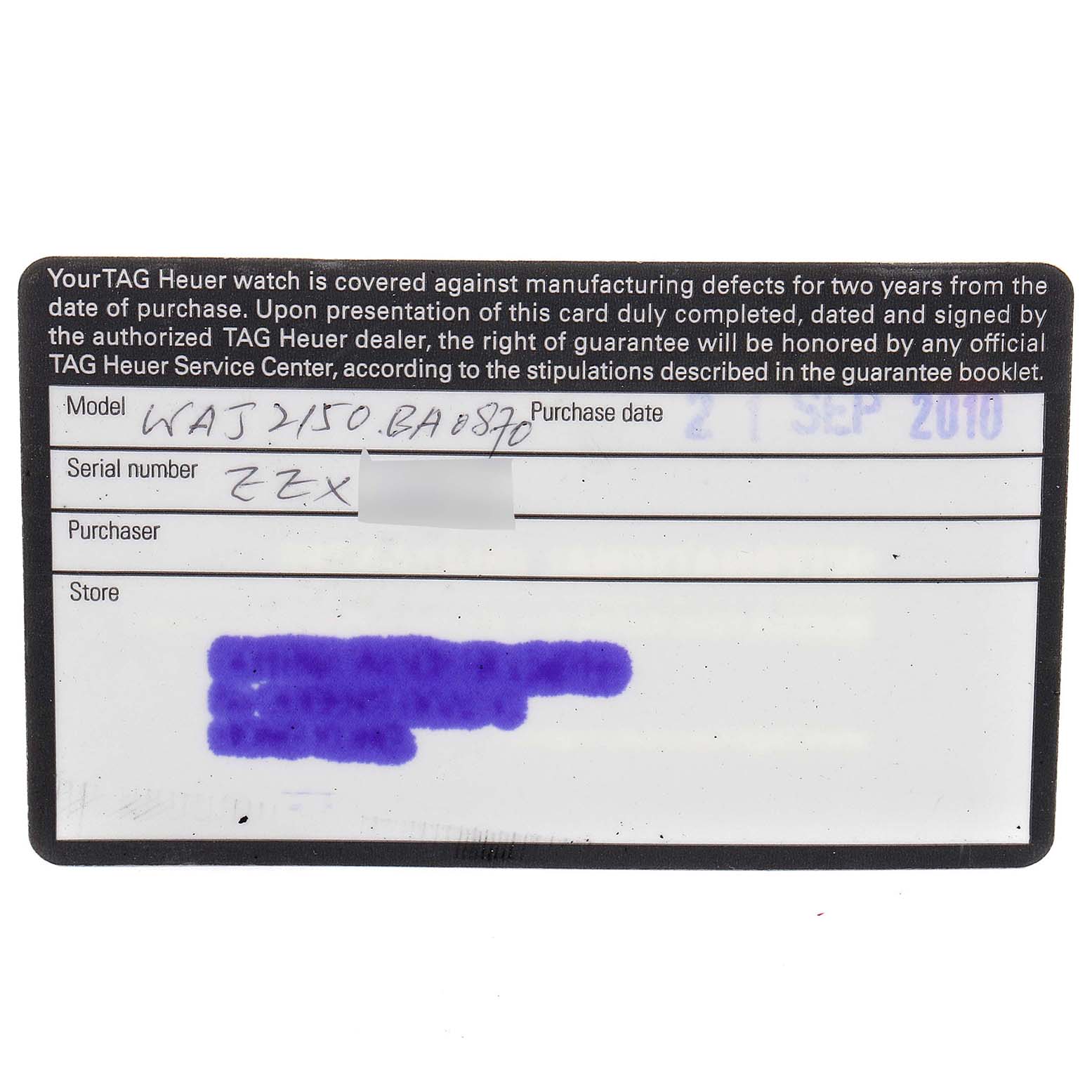 This image shows the warranty card for a Tag Heuer Aquaracer WAJ2150.BA0870 Men's Stainless Steel Black Dial WAJ2150.BA0870 Men's Stainless Steel Black Dial watch, detailing model, purchase date, serial number, and store information.
