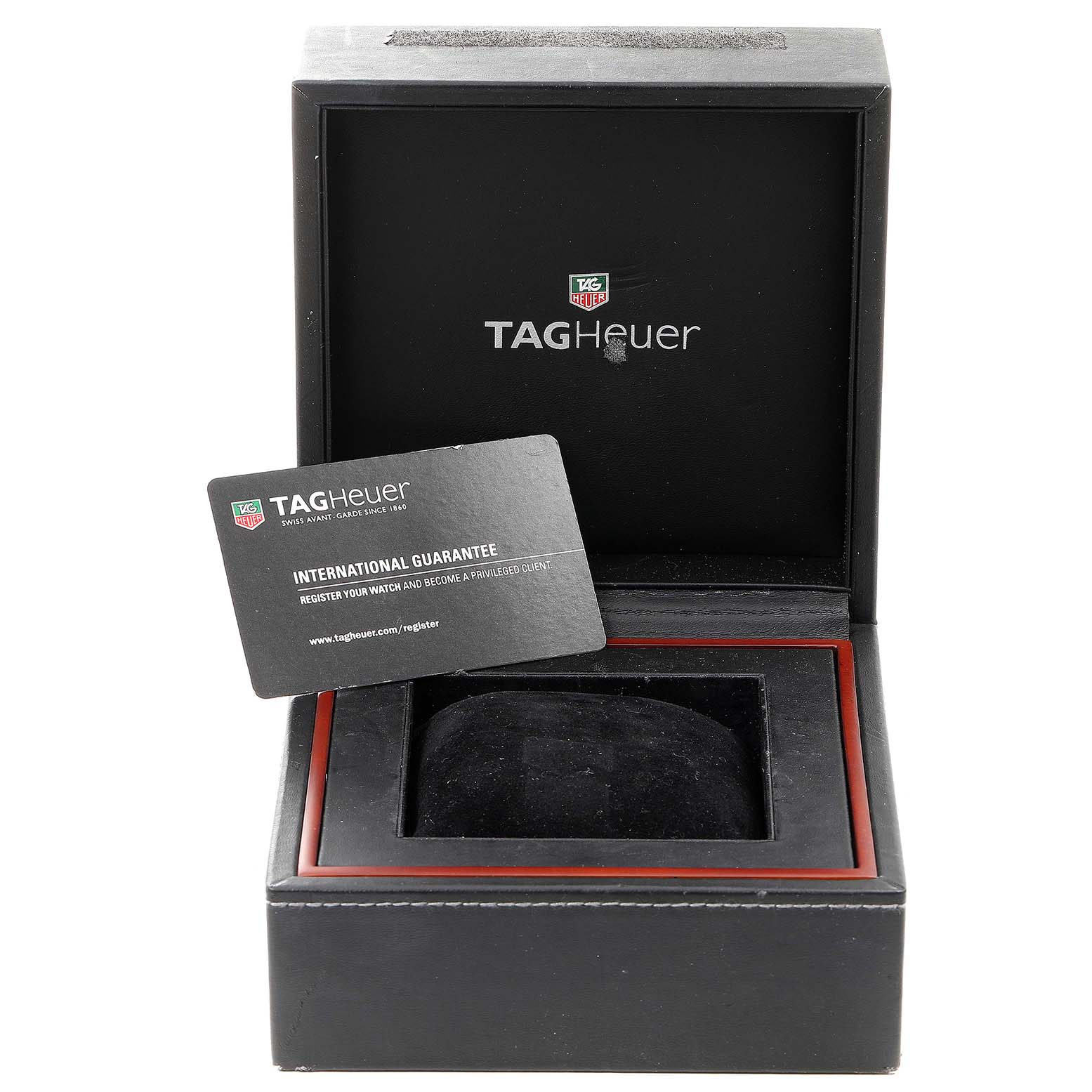 The image shows a Tag Heuer Aquaracer WAJ2150.BA0870 Men's Stainless Steel Black Dial WAJ2150.BA0870 Men's Stainless Steel Black Dial watch box and an international guarantee card placed inside.