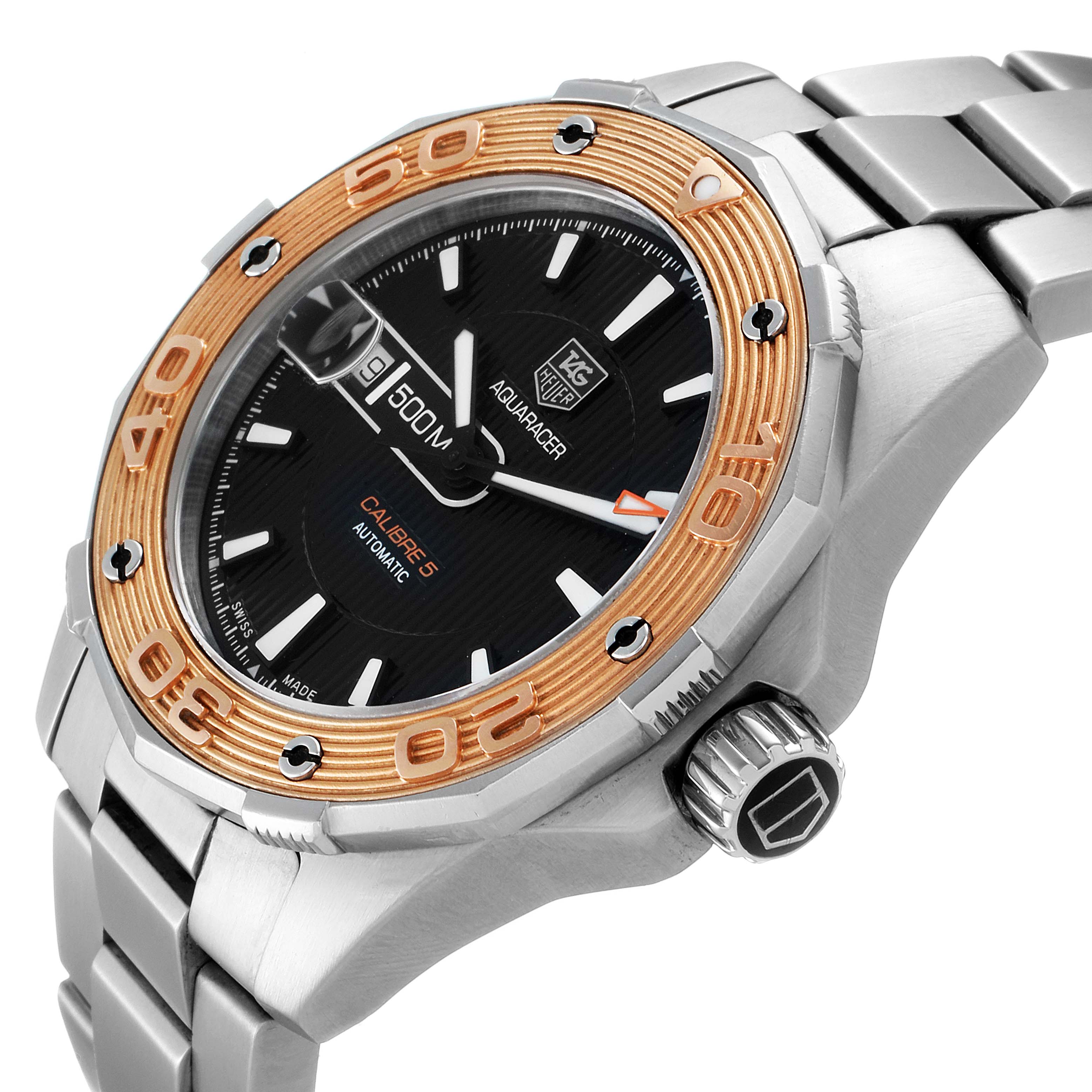 The image shows a Tag Heuer Aquaracer WAJ2150.BA0870 Men's Stainless Steel Black Dial WAJ2150.BA0870 Men's Stainless Steel Black Dial watch at an angled close-up, highlighting the bezel, dial, crown, and part of the bracelet.