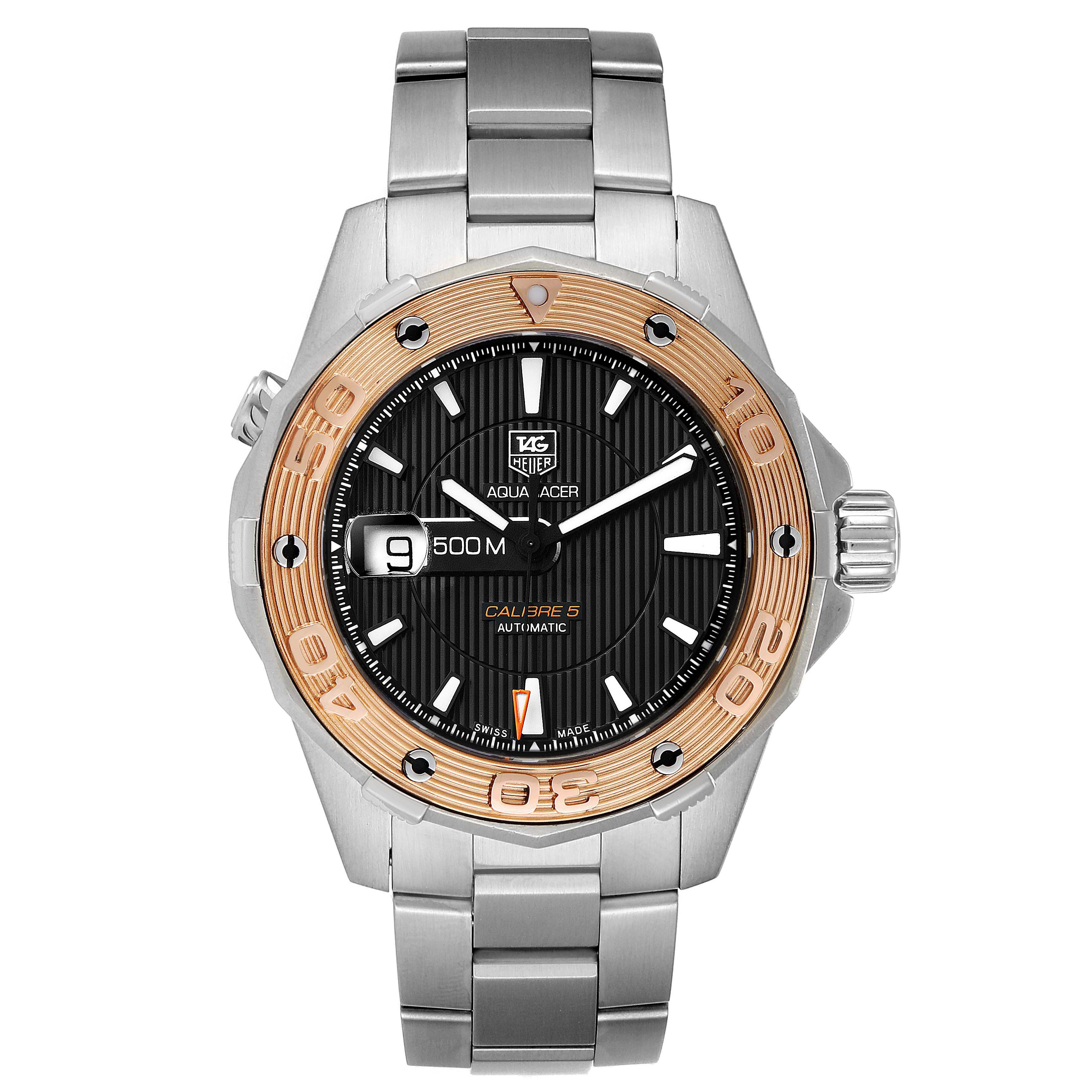 This Tag Heuer Aquaracer WAJ2150.BA0870 Men's Stainless Steel Black Dial WAJ2150.BA0870 Men's Stainless Steel Black Dial watch is shown from a front angle, displaying its face, bezel, crown, and metal bracelet.