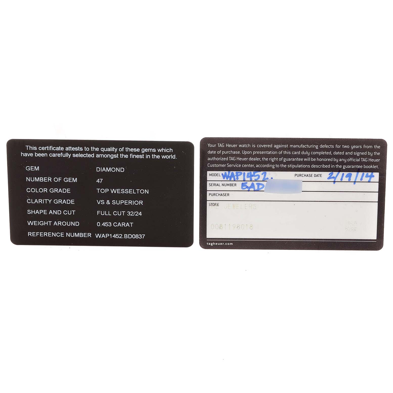 This image shows the diamond certificate and warranty card for the Tag Heuer Aquaracer WAP1452.BD0837 Women
s Steel and Gold (two tone) Mother of Pearl Dial WAP1452.BD0837 Women
s Steel and Gold (two tone) Mother of Pearl Dial watch model WAP1452.