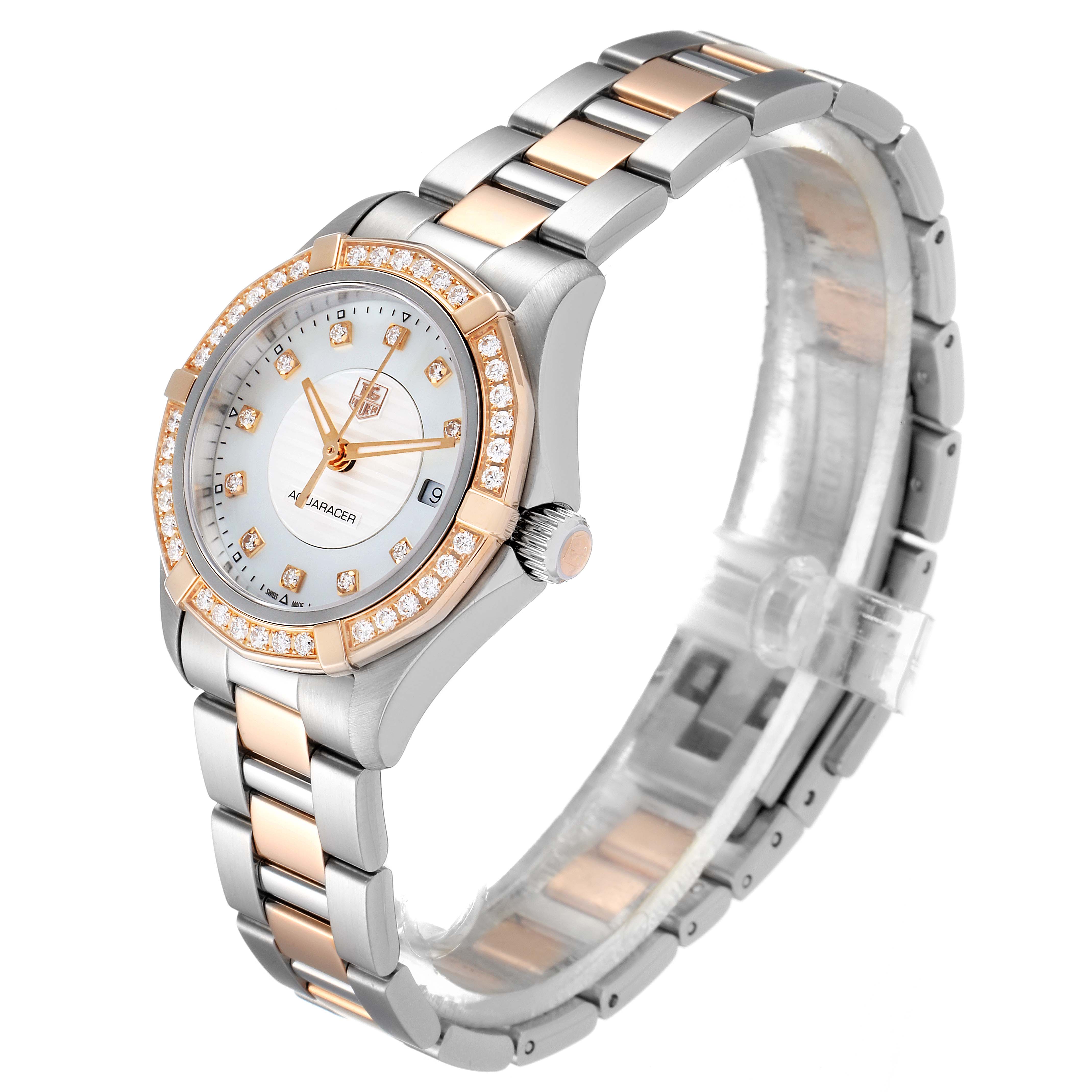 The Tag Heuer Aquaracer WAP1452.BD0837 Women
s Steel and Gold (two tone) Mother of Pearl Dial WAP1452.BD0837 Women
s Steel and Gold (two tone) Mother of Pearl Dial watch is shown at a side angle, highlighting the face, bezel, crown, and two-tone bracelet.