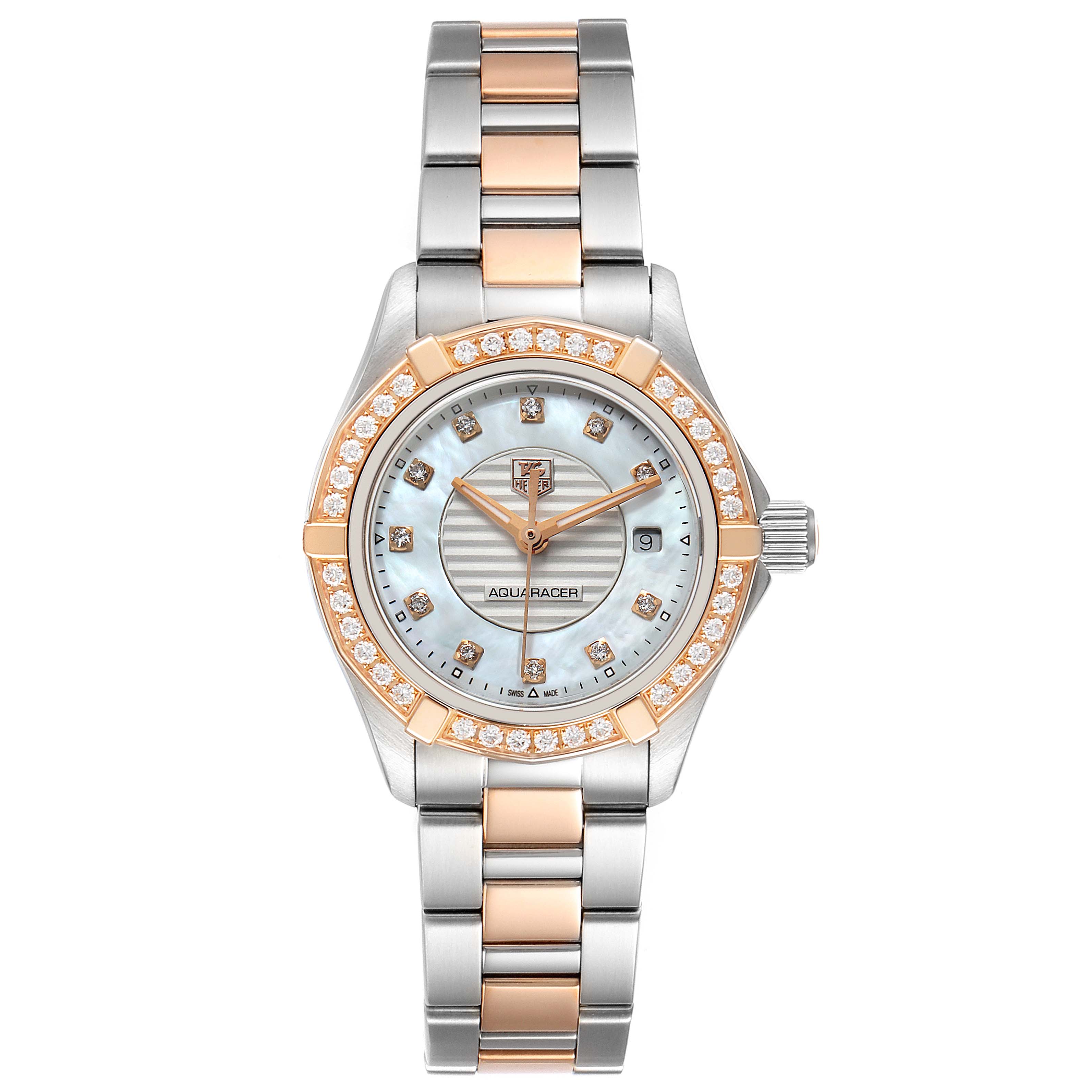 The image shows a Tag Heuer Aquaracer WAP1452.BD0837 Women
s Steel and Gold (two tone) Mother of Pearl Dial WAP1452.BD0837 Women
s Steel and Gold (two tone) Mother of Pearl Dial watch from a front angle, highlighting its face, bezel, and two-tone bracelet.