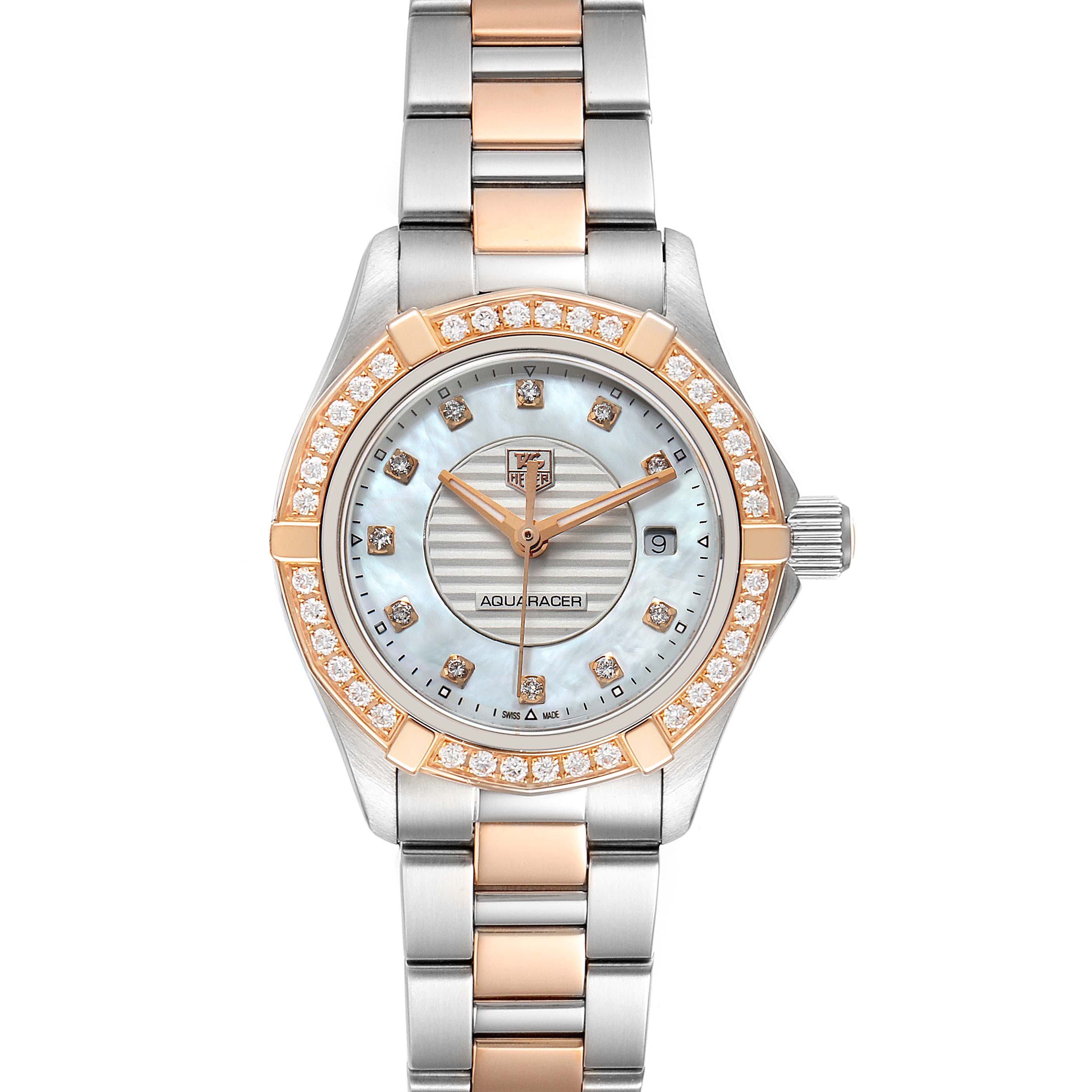 The Tag Heuer Aquaracer WAP1452.BD0837 Women
s Steel and Gold (two tone) Mother of Pearl Dial WAP1452.BD0837 Women
s Steel and Gold (two tone) Mother of Pearl Dial watch
s face and bracelet are shown from a front angle.