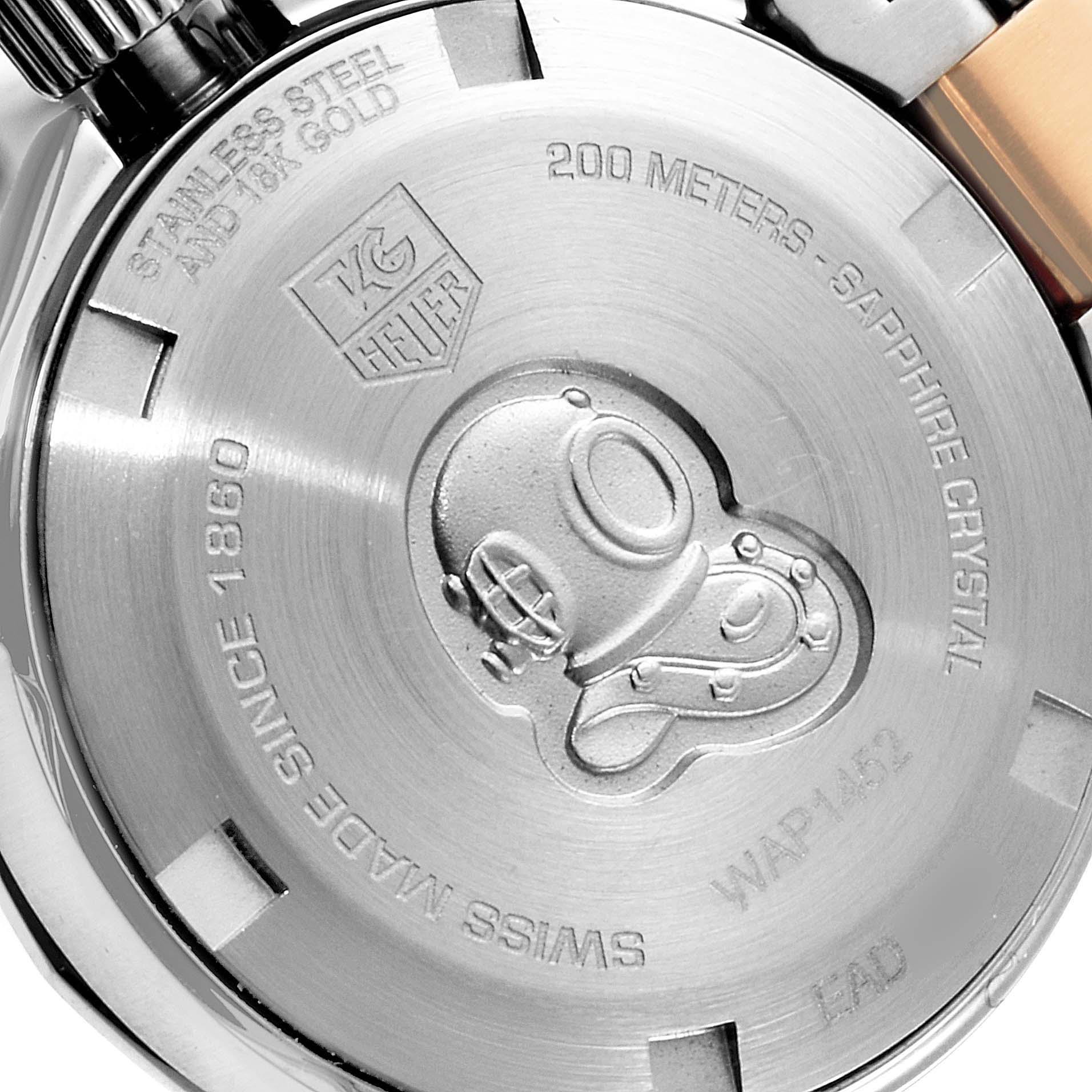 The image shows the case back of a Tag Heuer Aquaracer WAP1452.BD0837 Women
s Steel and Gold (two tone) Mother of Pearl Dial WAP1452.BD0837 Women
s Steel and Gold (two tone) Mother of Pearl Dial watch, emphasizing its stainless steel, 200-meter water resistance, and engraving details.