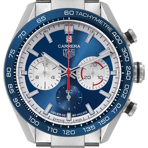 The Tag Heuer Carrera CBN2A1E.BA0643 Men's Stainless Steel Blue Dial watch is shown from the front, featuring its blue dial, chronograph subdials, and tachymeter bezel.